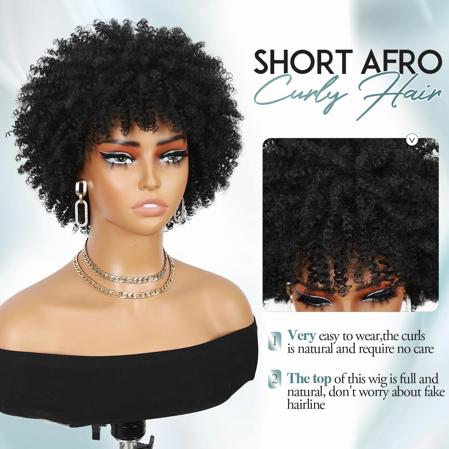 Afro Kinky Curly Wig With Bangs Short Curly Afro Wigs for Black Women 10 Inches Natural Black Synthetic Curly Wigs