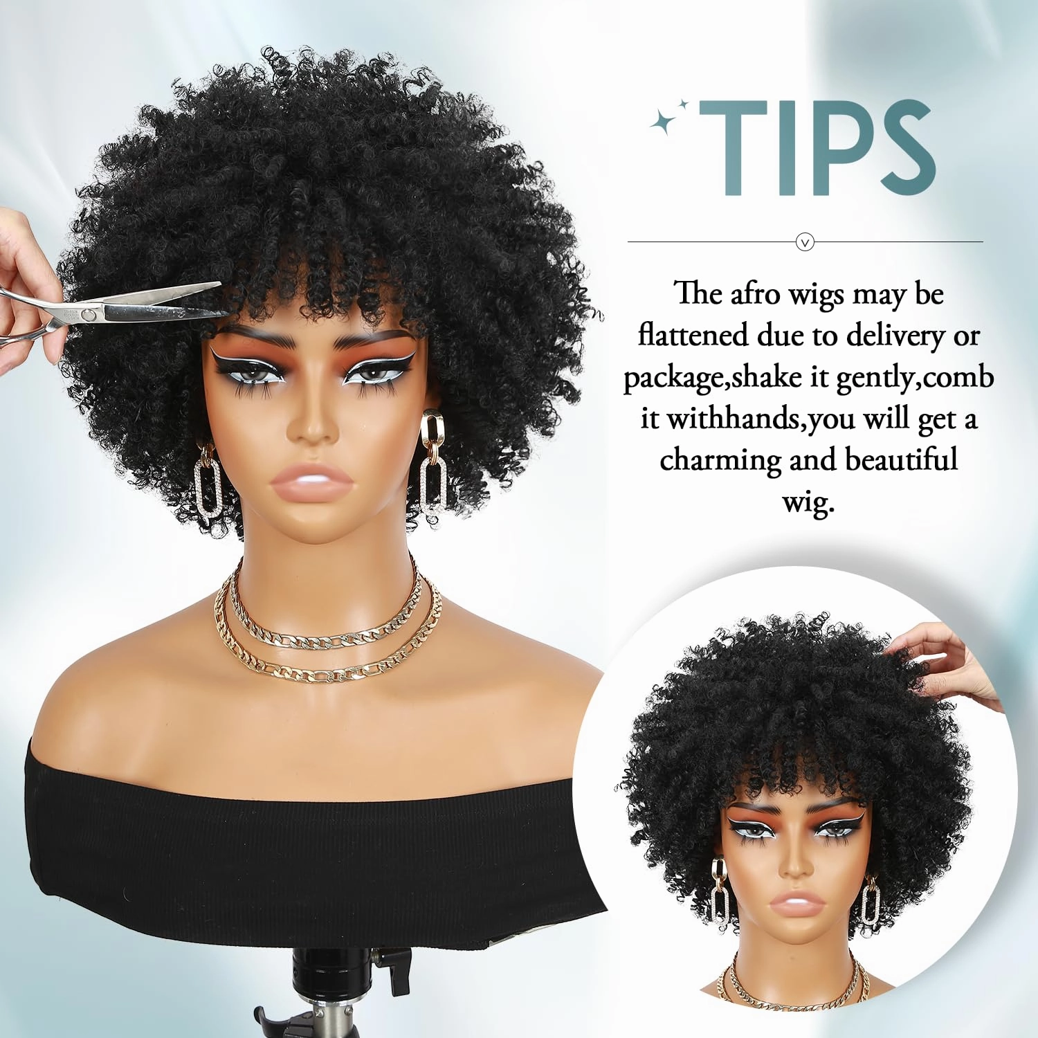 Afro Kinky Curly Wig With Bangs Short Curly Afro Wigs for Black Women 10 Inches Natural Black Synthetic Curly Wigs