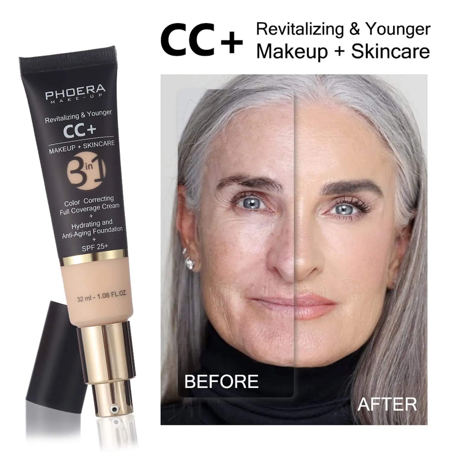 Air Cushion CC Cream Natural Foundation,PHOERA CC  Cream Color Correcting Anti Aging Hydrating Serum &SPF 25 ,PHOERA Face Primer, Kabuki Brush Foundation Brush Makeup Sponge(#02Natural CC  120 Nude)