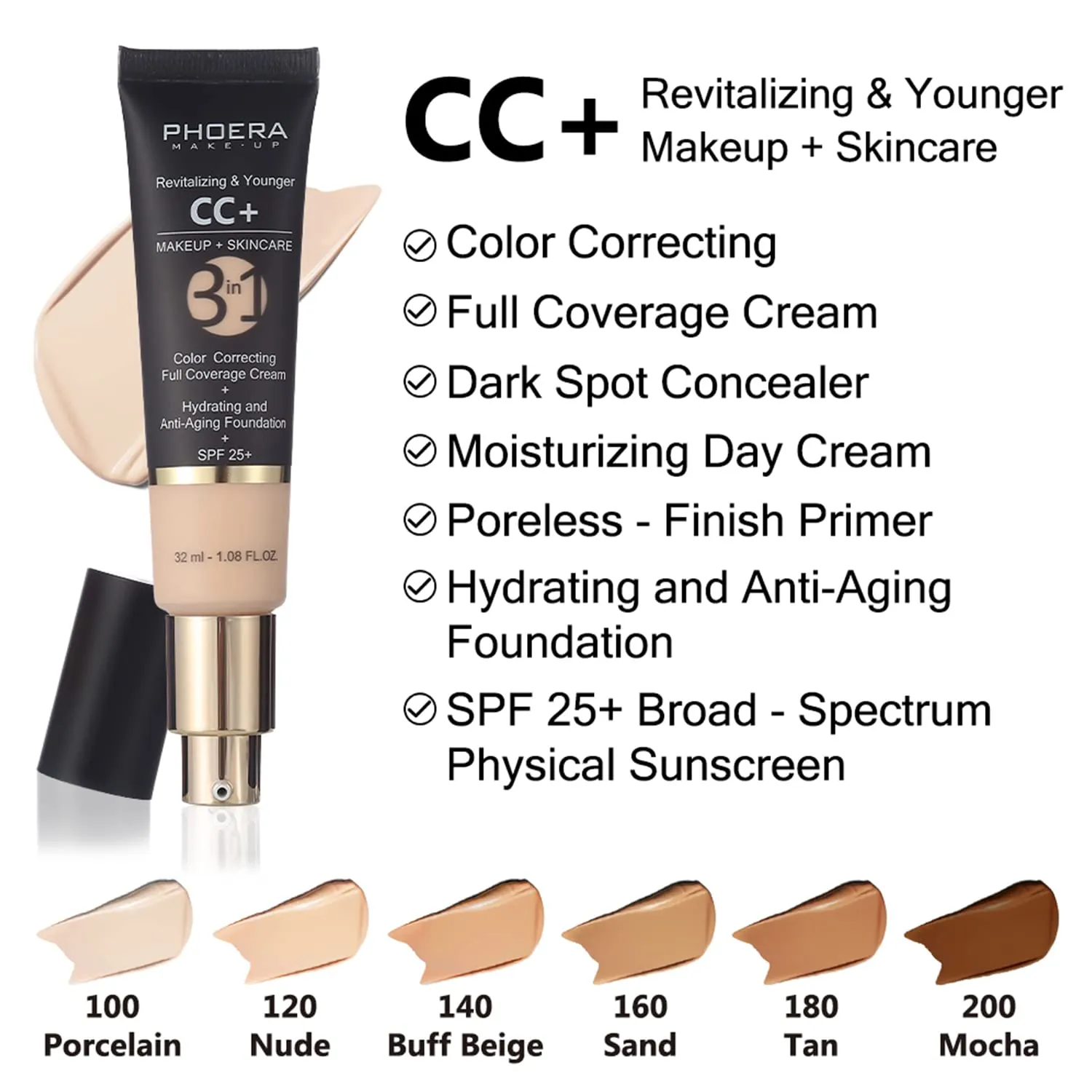 Air Cushion CC Cream Natural Foundation,PHOERA CC  Cream Color Correcting Anti Aging Hydrating Serum &SPF 25 ,PHOERA Face Primer, Kabuki Brush Foundation Brush Makeup Sponge(#02Natural CC  120 Nude)