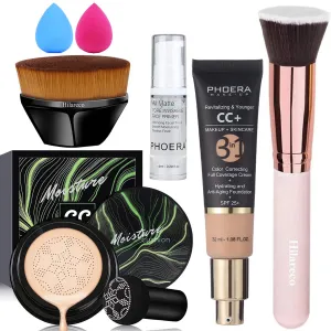 Air Cushion CC Cream Natural Foundation,PHOERA CC  Cream Color Correcting Anti Aging Hydrating Serum &SPF 25 ,PHOERA Face Primer, Kabuki Brush Foundation Brush Makeup Sponge(#02Natural CC  120 Nude)
