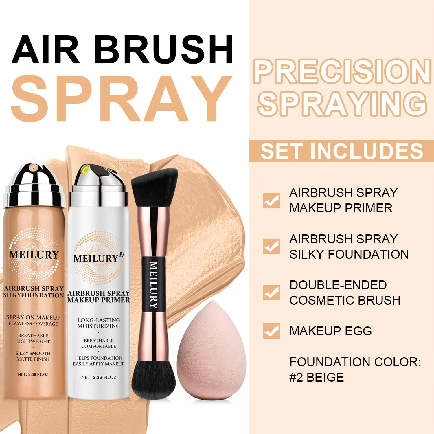 AirBrush Foundation Spray Set, Spray Foundation Makeup and Hydrating Face Air Primer Kit, Longwear Waterproof Liquid Matte Foundation Mist for Flawless Look (02 Beige)