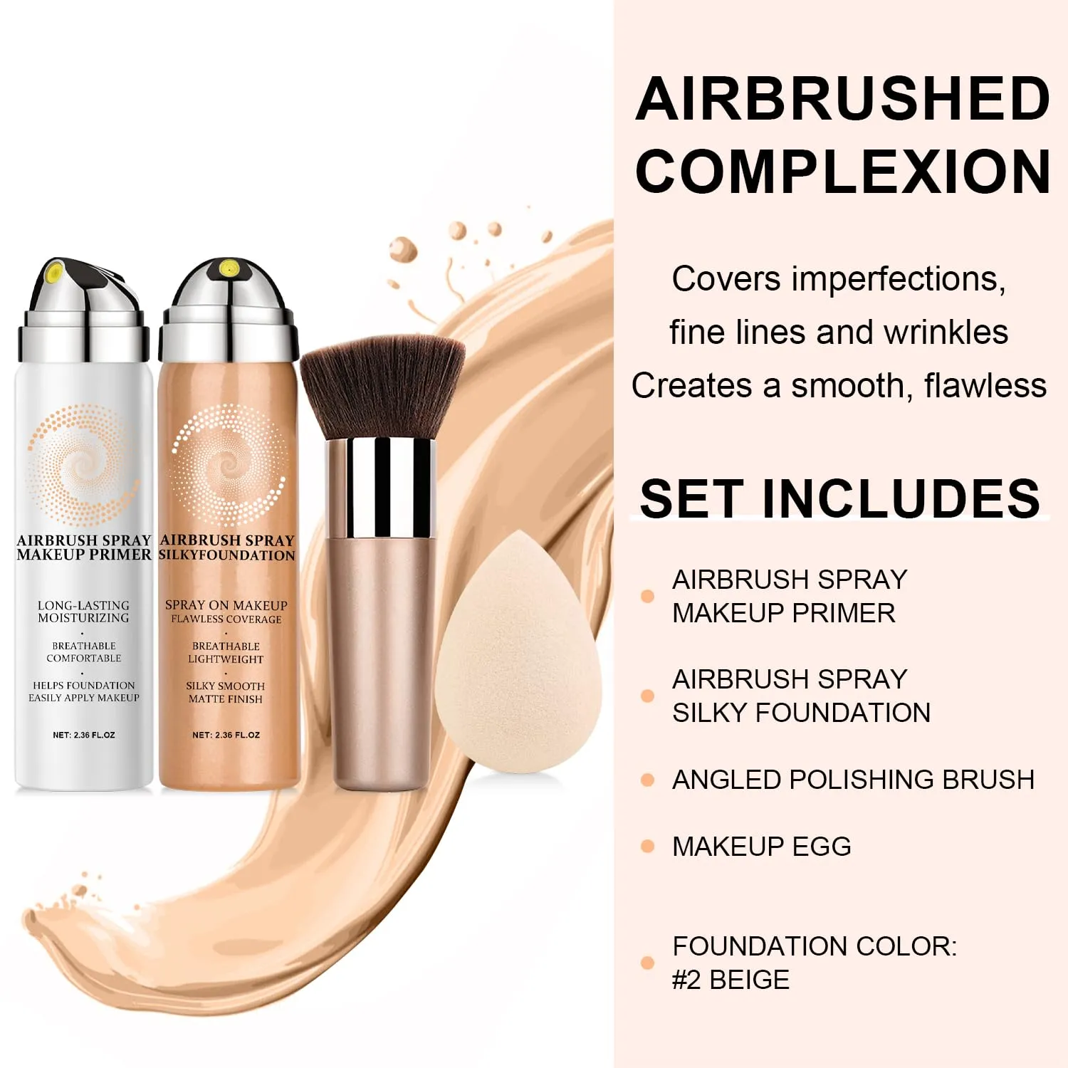 AirBrush Foundation Spray With Airbrush Primer, Silky Mist Foundation Spray Makeup, Full Coverage Foundation for Smooth Radiant, Formula Breathable Lightweight Hydrating (02 Beige)