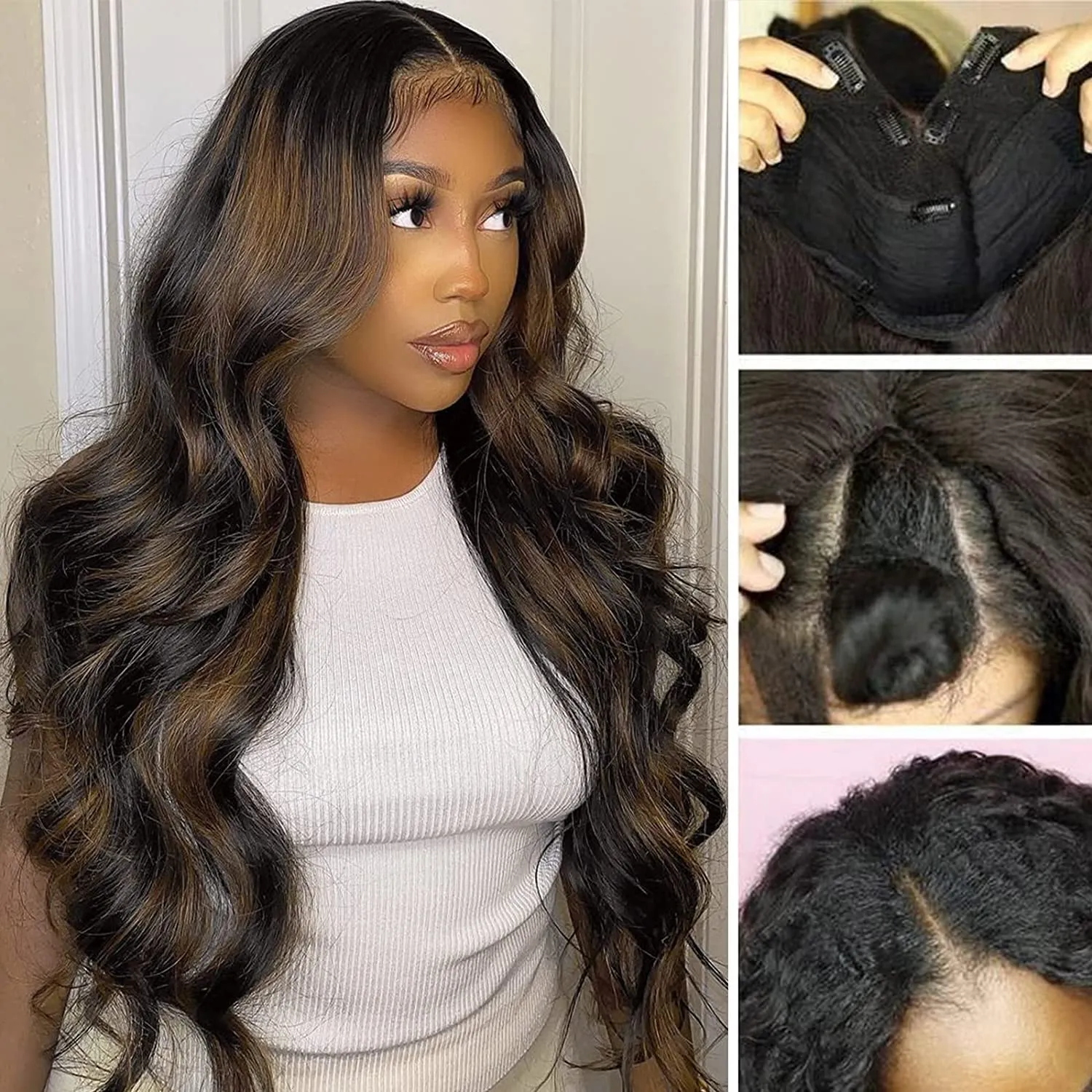 Aisaide Body Wave V-Part Wig - Highlight Ombre Brown, Wavy, Glueless, No Leave Out, Upgrade V-Part, Honey Blonde, No Sew In, No Glue, 26" Wig