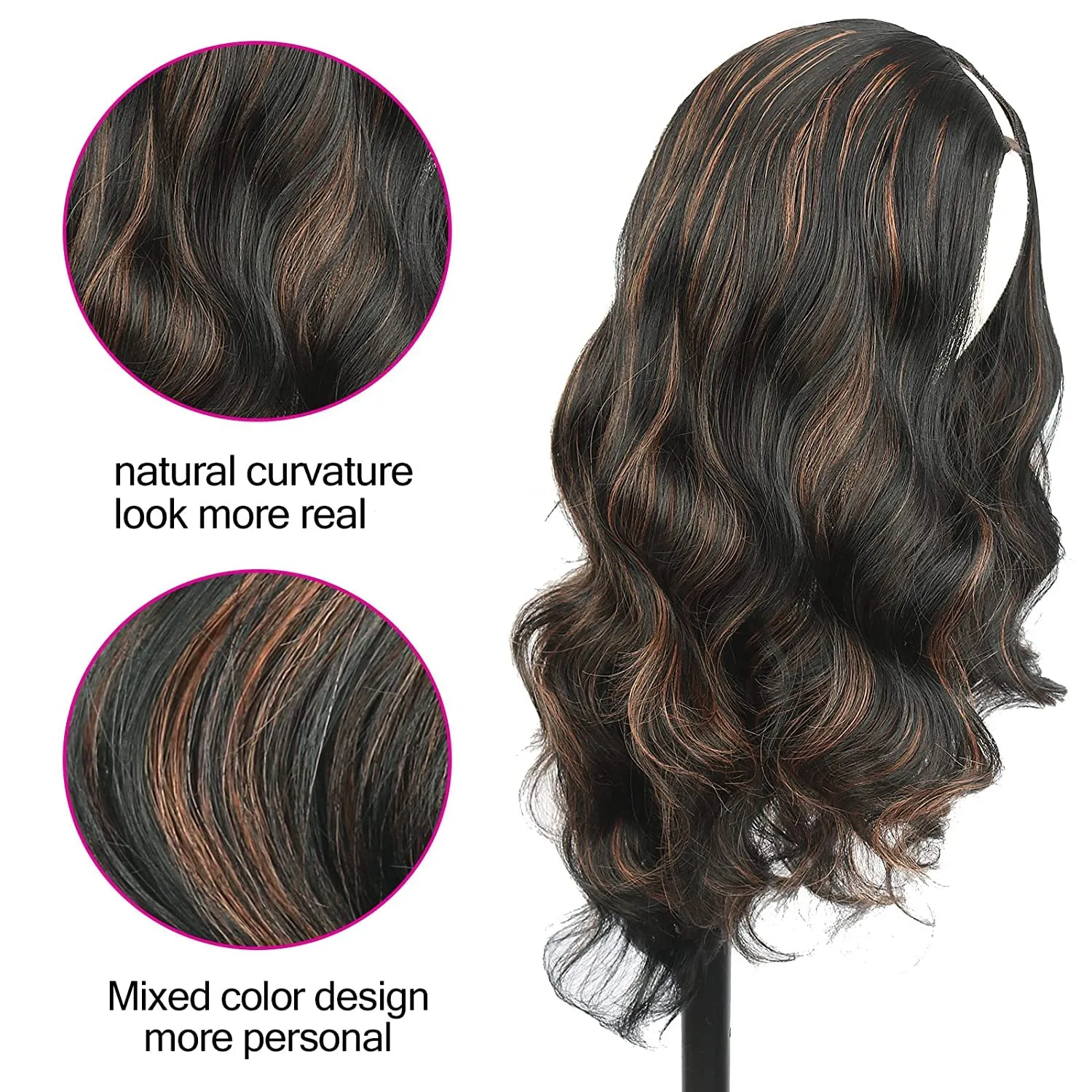 Aisaide Body Wave V-Part Wig - Highlight Ombre Brown, Wavy, Glueless, No Leave Out, Upgrade V-Part, Honey Blonde, No Sew In, No Glue, 26" Wig