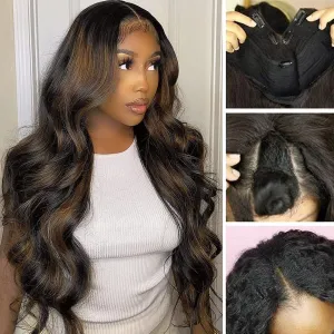 Aisaide Body Wave V-Part Wig - Highlight Ombre Brown, Wavy, Glueless, No Leave Out, Upgrade V-Part, Honey Blonde, No Sew In, No Glue, 26" Wig