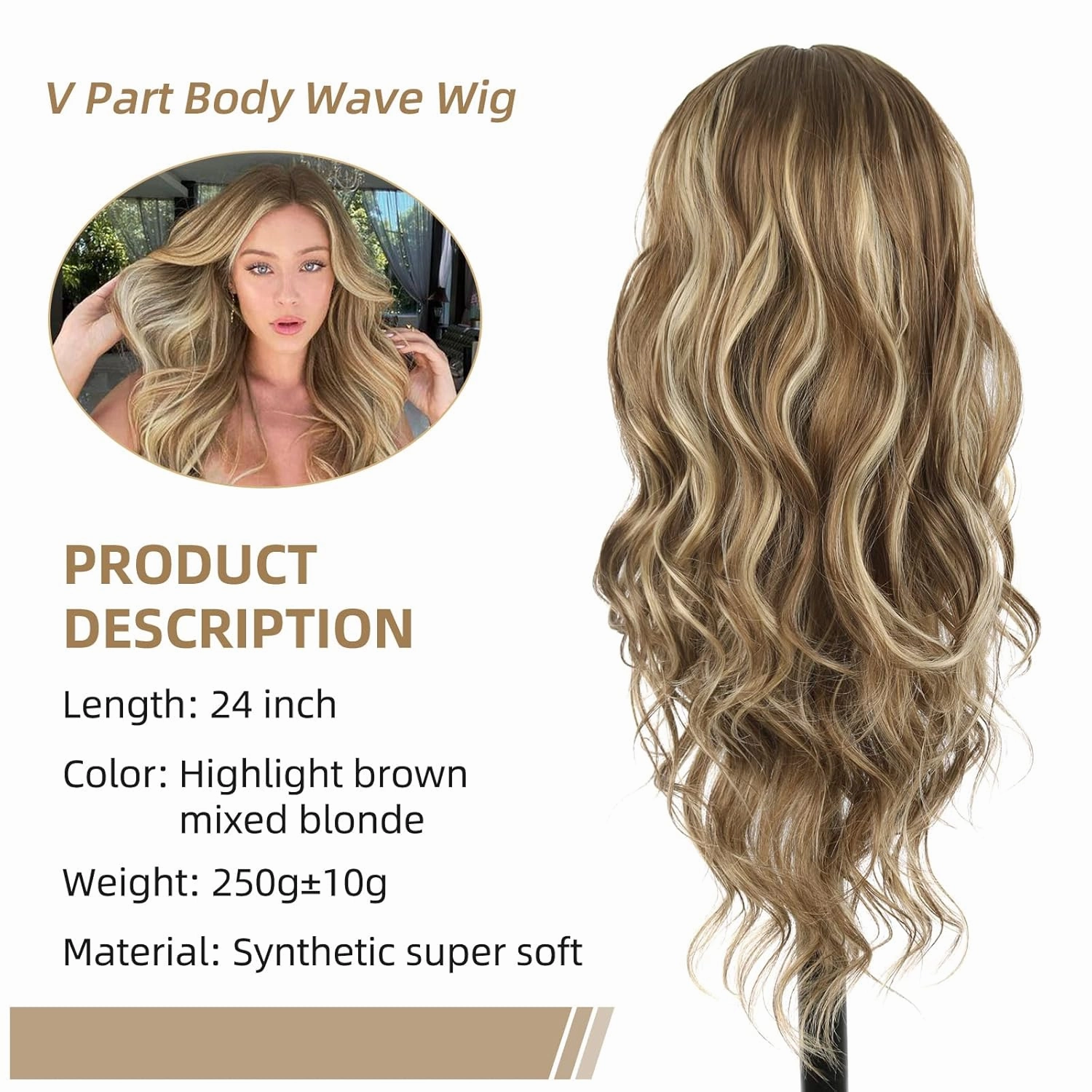 Aisaide Body Wave V Part Wigs for Black Women Highlight Brown Mixed Blonde V Shape Wig Body Wave Upgrade U Part Wigs Half Wigs for Black Women Beginner Friendly Wig Synthetic V Part Wig 24 Inch