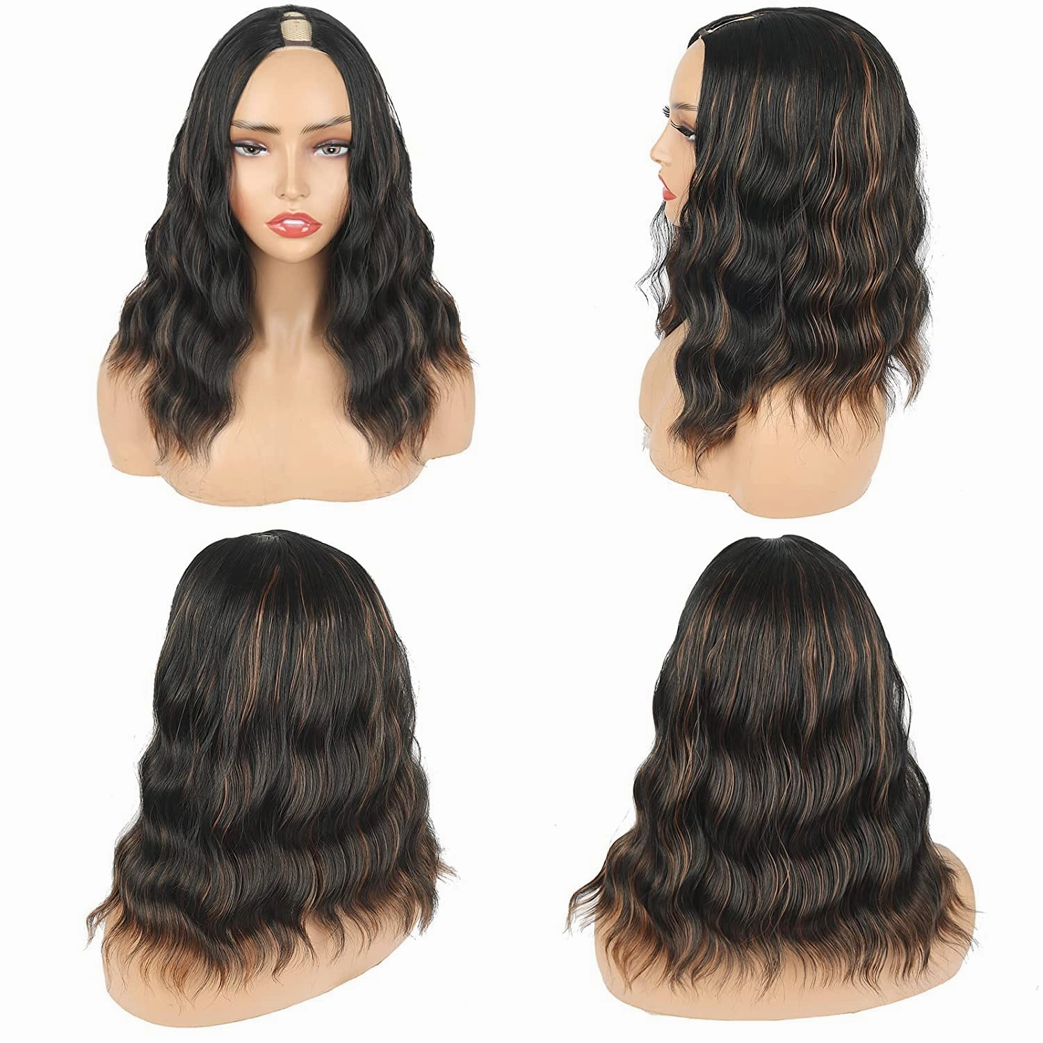 Aisaide Highlight Brown Bob V Part Wig Synthetic Wavy V Part V Shape Wigs for Black Women Half Wig Uprade U Part Wig Short Ombre Brown Bob V Part Wig Curly Wavy V-part Wig Body Wavy 14 Inch