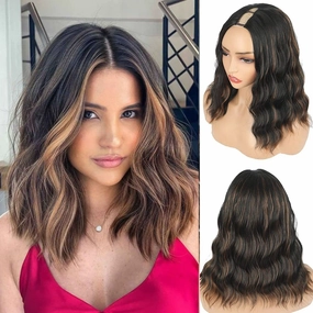 Aisaide Highlight Brown Bob V Part Wig Synthetic Wavy V Part V Shape Wigs for Black Women Half Wig Uprade U Part Wig Short Ombre Brown Bob V Part Wig Curly Wavy V-part Wig Body Wavy 14 Inch