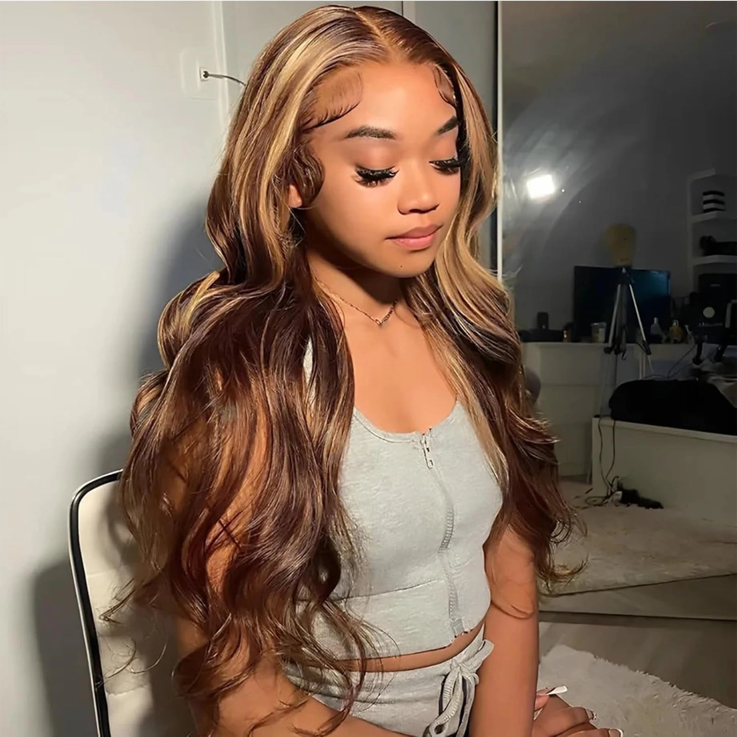 Aisaide V Part Body Wave Wig for Women Ombre Highlight Honey Blonde Long Body Wavy Glueless No Leave Out Upgrade Vpart Ombre Wig Brown Blonde V Part Hair For Black Women No Sew No Glue Wig