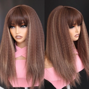 Aisom 18" Bangs Kinky Straight Brown Highlights Lace Wigs For Women Chocolate Brown Lace Yaki hair Lace Frontal Synthetic Wig (Yaki 4/27#)