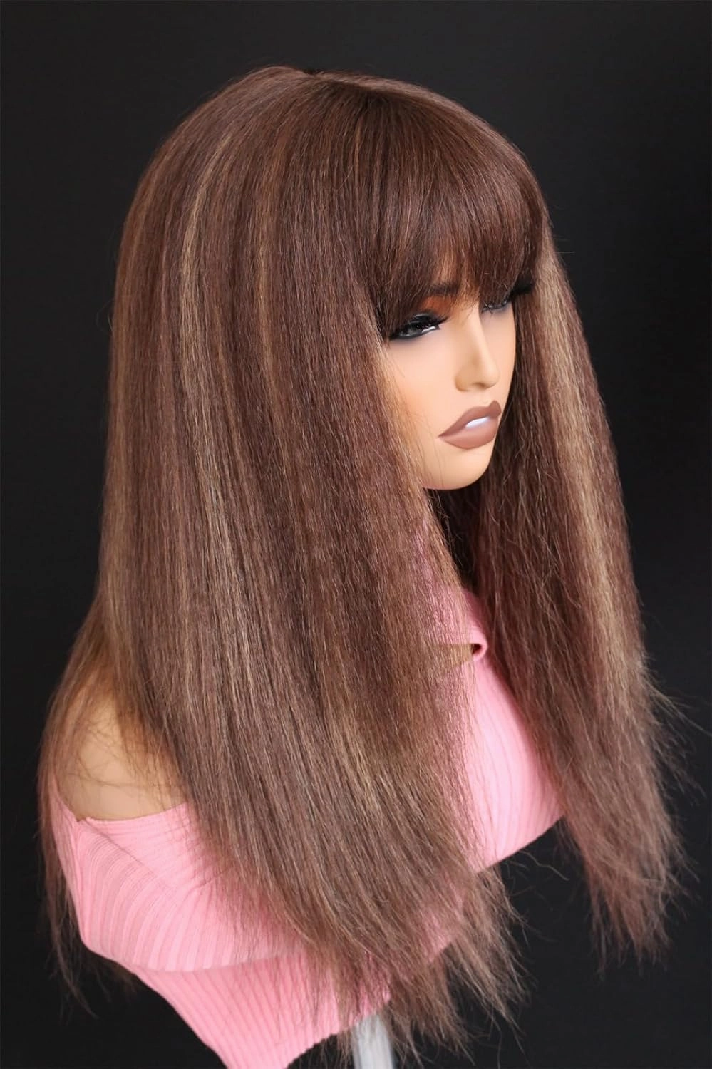 Aisom 18" Bangs Kinky Straight Brown Highlights Lace Wigs For Women Chocolate Brown Lace Yaki hair Lace Frontal Synthetic Wig (Yaki 4/27#)