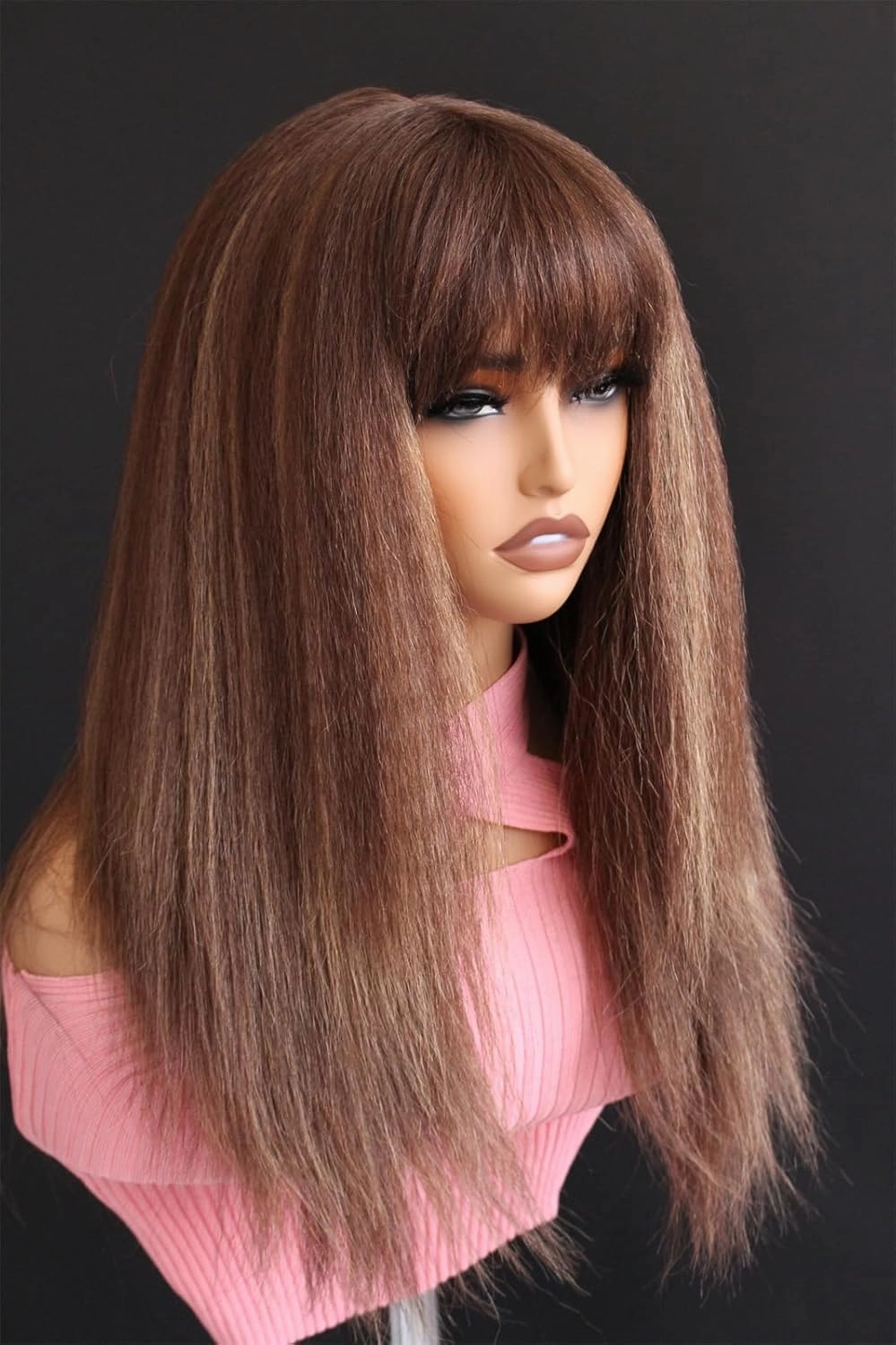 Aisom 18" Bangs Kinky Straight Brown Highlights Lace Wigs For Women Chocolate Brown Lace Yaki hair Lace Frontal Synthetic Wig (Yaki 4/27#)