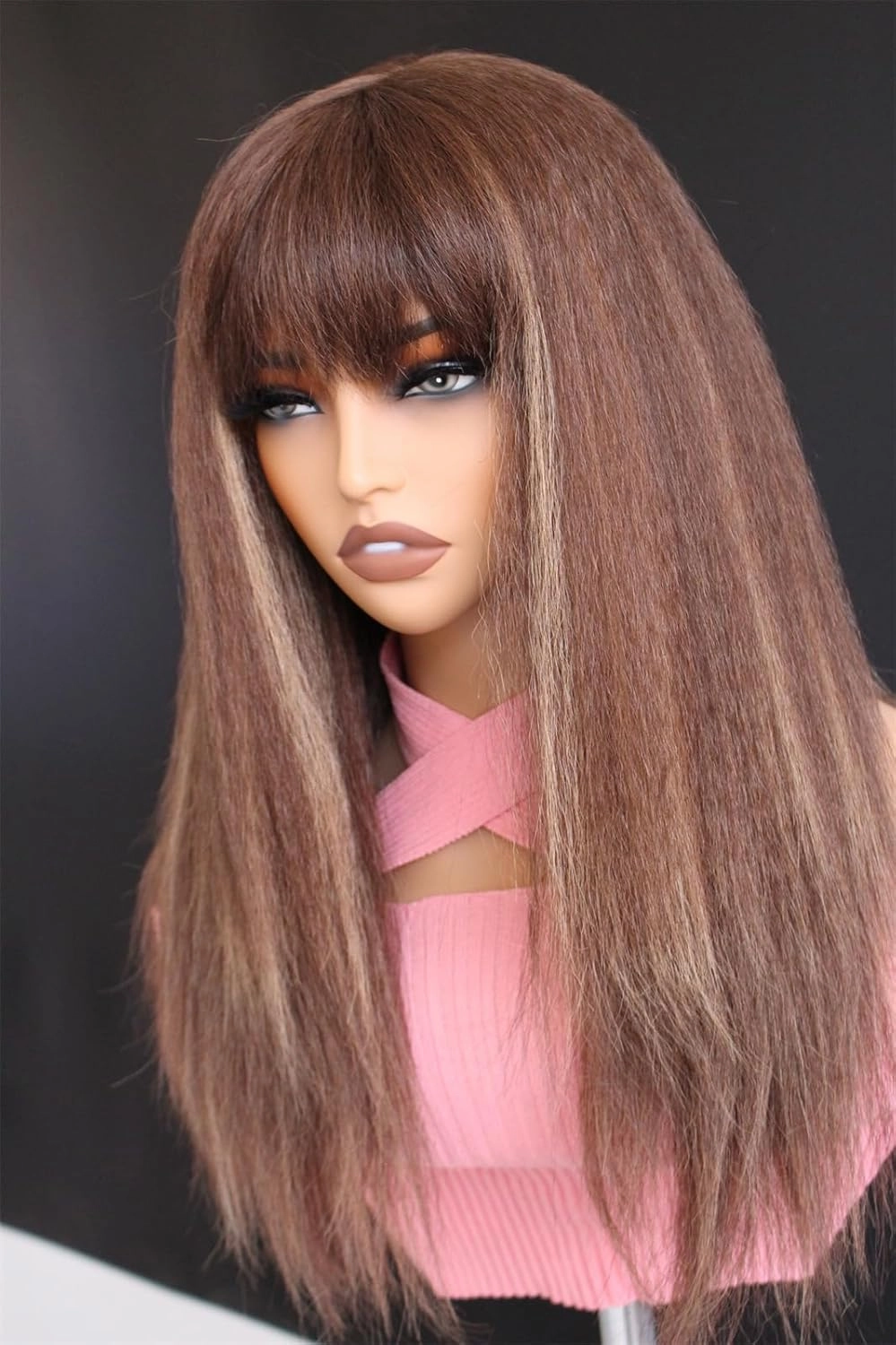 Aisom 18" Bangs Kinky Straight Brown Highlights Lace Wigs For Women Chocolate Brown Lace Yaki hair Lace Frontal Synthetic Wig (Yaki 4/27#)