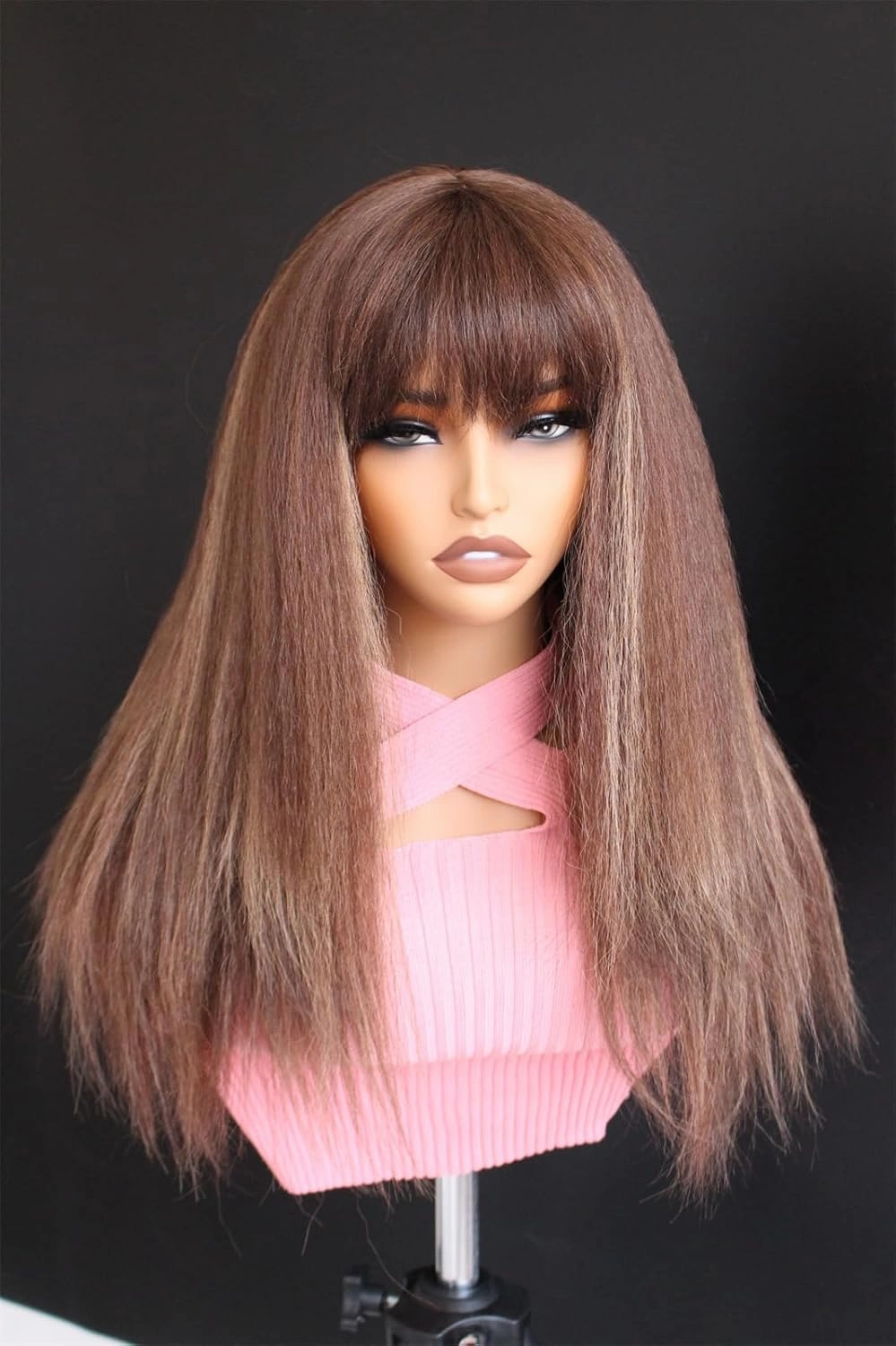Aisom 18" Bangs Kinky Straight Brown Highlights Lace Wigs For Women Chocolate Brown Lace Yaki hair Lace Frontal Synthetic Wig (Yaki 4/27#)