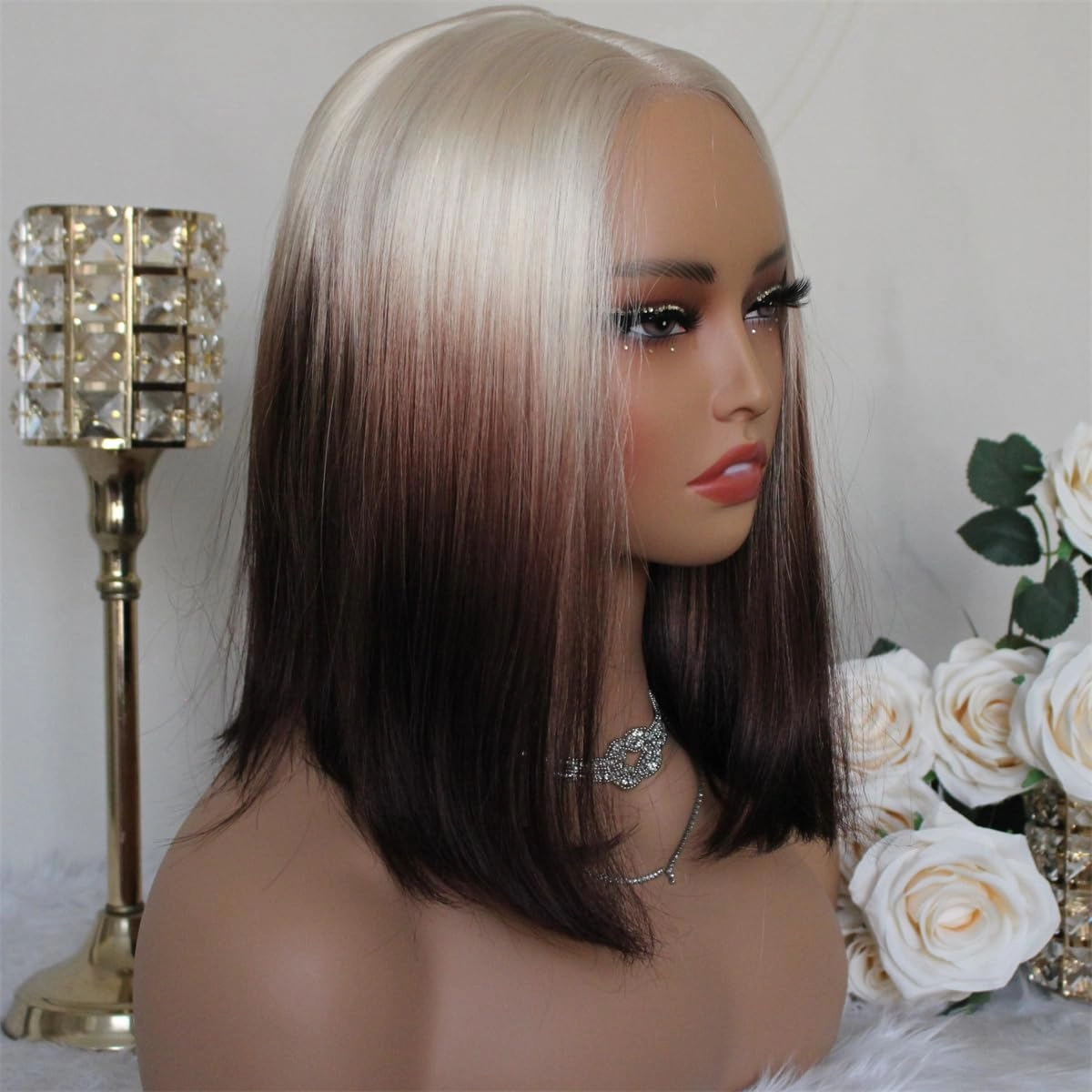 Aisom Wear And Go Glueless Wig Straight Lace Front Wigs for Women Glueless Ombre Blonde 613#Brown Color Bob 6x5 LaceWig Pre Plucked Transparent Lace 14” Synthetic Wig