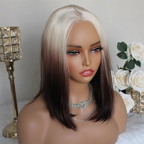 Aisom Wear And Go Glueless Wig Straight Lace Front Wigs for Women Glueless Ombre Blonde 613#Brown Color Bob 6x5 LaceWig Pre Plucked Transparent Lace 14” Synthetic Wig