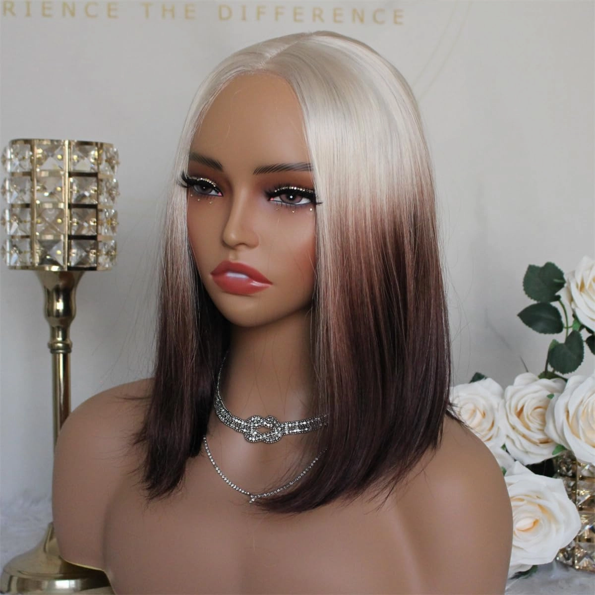 Aisom Wear And Go Glueless Wig Straight Lace Front Wigs for Women Glueless Ombre Blonde 613#Brown Color Bob 6x5 LaceWig Pre Plucked Transparent Lace 14” Synthetic Wig