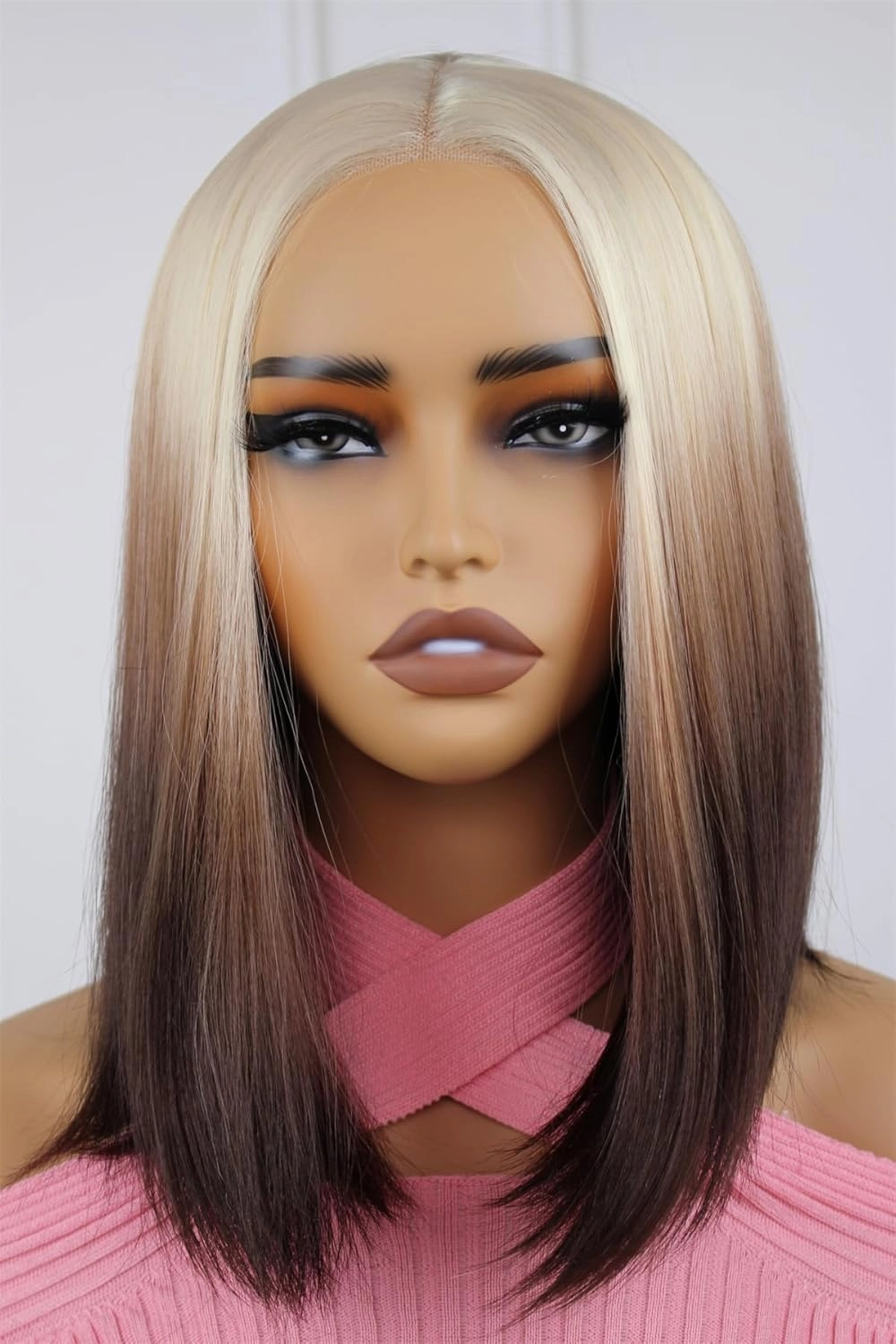 Aisom Wear And Go Glueless Wig Straight Lace Front Wigs for Women Glueless Ombre Blonde 613#Brown Color Bob 6x5 LaceWig Pre Plucked Transparent Lace 14” Synthetic Wig