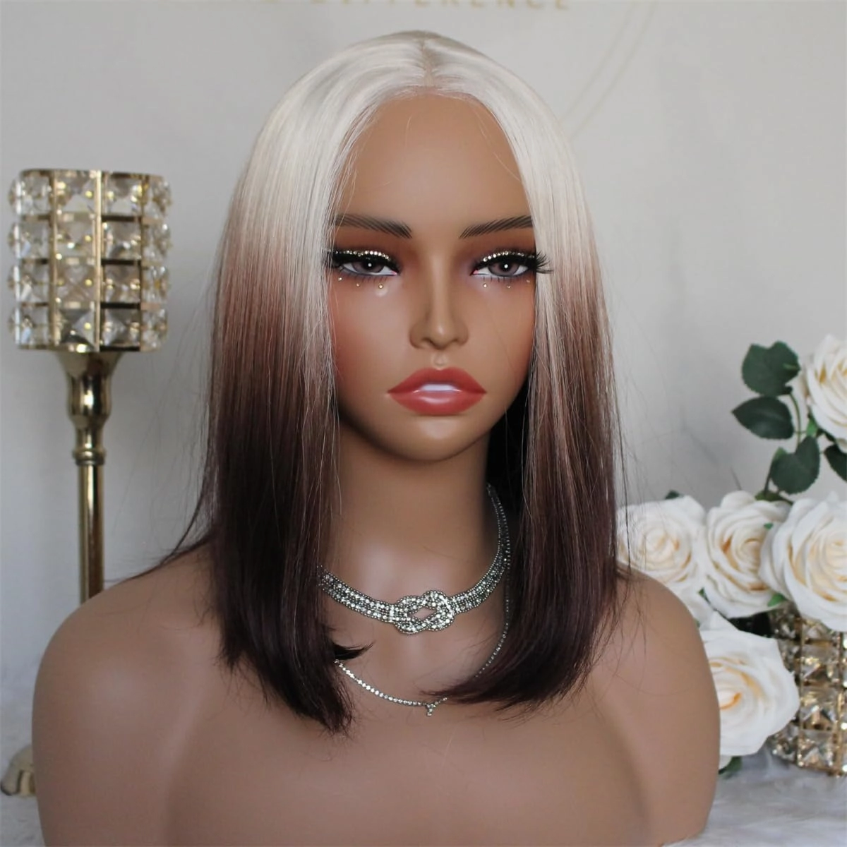 Aisom Wear And Go Glueless Wig Straight Lace Front Wigs for Women Glueless Ombre Blonde 613#Brown Color Bob 6x5 LaceWig Pre Plucked Transparent Lace 14” Synthetic Wig