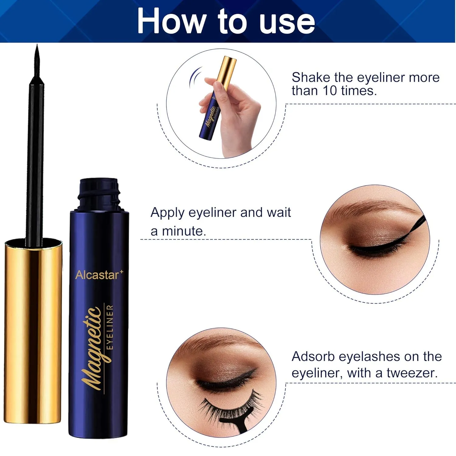 Alcastar Magnetic Eyelashes with Eyeliner Kit, Synthetic Fiber, Natural Look, Waterproof, No Glue Required (BT-1022)