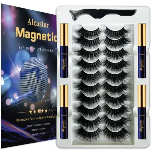 Alcastar Magnetic Eyelashes with Eyeliner Kit, Synthetic Fiber, Natural Look, Waterproof, No Glue Required (BT-1022)