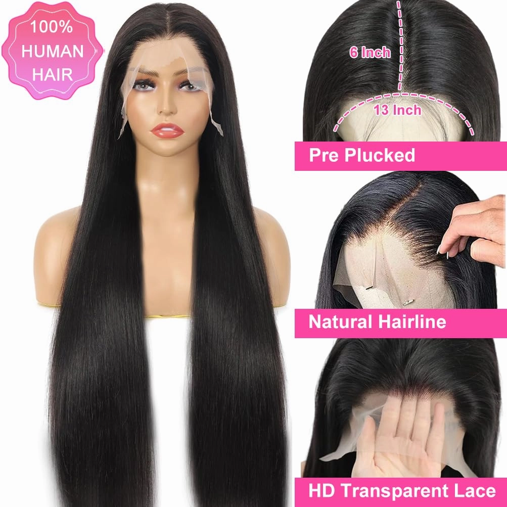 ALI PANDA 210% Density 260g 13x6 Lace Front Wigs Human Hair Wigs Straight HD Lace Front Wigs Pre Plucked Natural Color Glueless Wig 100% Human Hair Lace Front Wigs for Women 32 Inch