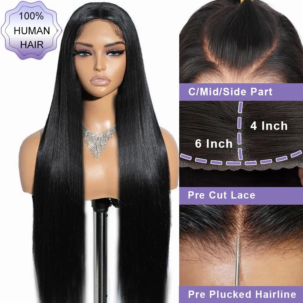 ALI PANDA 24 Inch 210 Density 205g 6x4 Wear and Go Glueless Wigs Human Hair Plucked Pre Cut HD Lace Closure Wigs 100% Human Hair Straight Pre Plucked Bleached Knots for Black Women