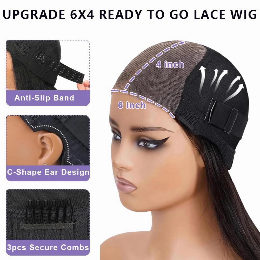 ALI PANDA 24 Inch 210 Density 205g 6x4 Wear and Go Glueless Wigs Human Hair Plucked Pre Cut HD Lace Closure Wigs 100% Human Hair Straight Pre Plucked Bleached Knots for Black Women