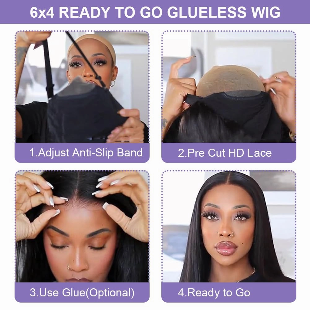 ALI PANDA 24 Inch 210 Density 205g 6x4 Wear and Go Glueless Wigs Human Hair Plucked Pre Cut HD Lace Closure Wigs 100% Human Hair Straight Pre Plucked Bleached Knots for Black Women