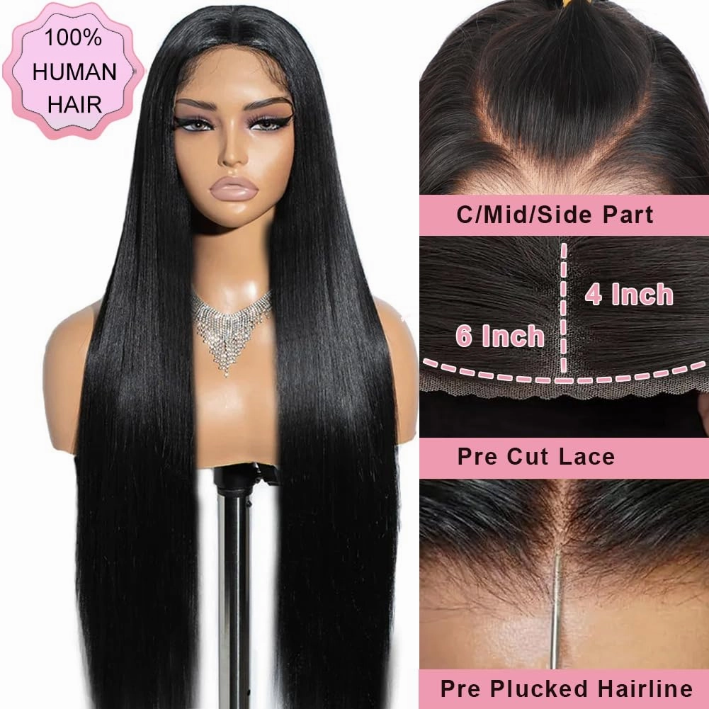 ALI PANDA 24 Inch 6X4 235g 250% Density Wear and Go Glueless Wigs Human Hair Pre Plucked Pre Cut HD Lace Closure Glueless Wigs for Black Women Straight Wigs 100% Human Hair Bleached Knots Middle Part