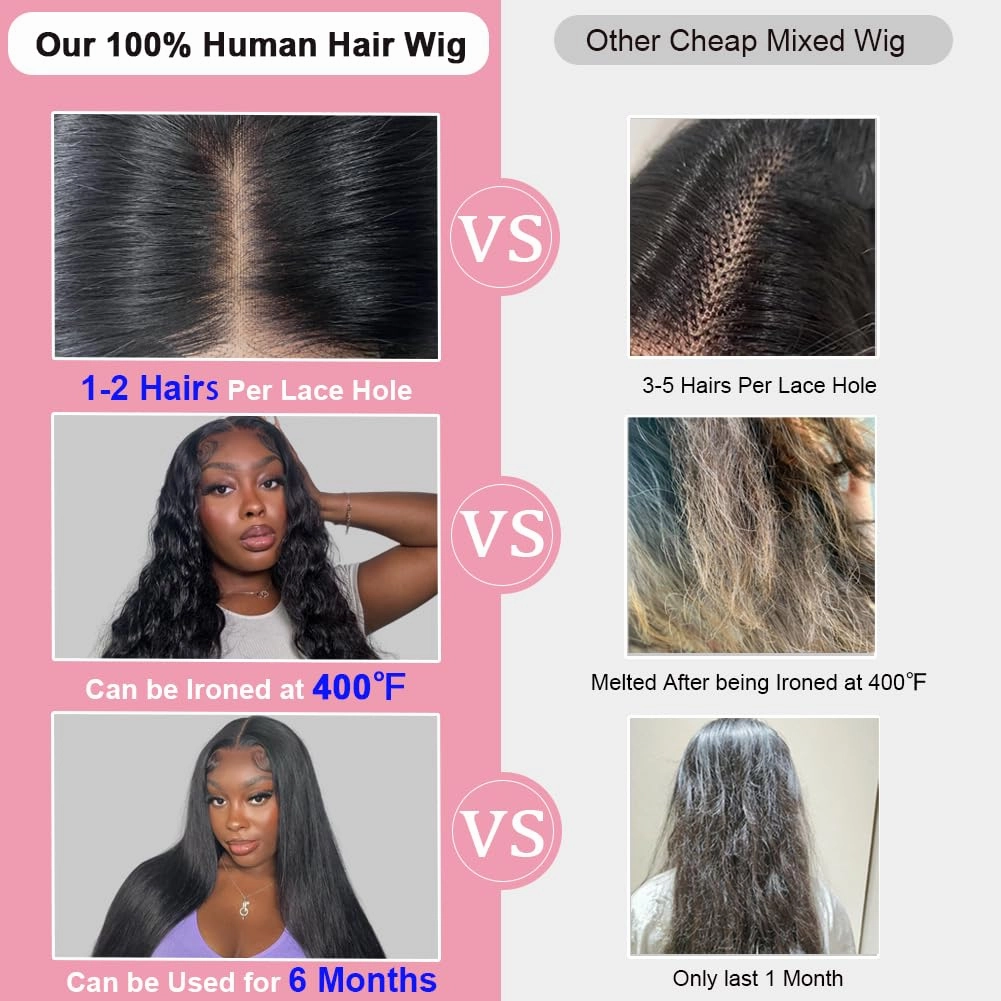 ALI PANDA 24 Inch 6X4 235g 250% Density Wear and Go Glueless Wigs Human Hair Pre Plucked Pre Cut HD Lace Closure Glueless Wigs for Black Women Straight Wigs 100% Human Hair Bleached Knots Middle Part