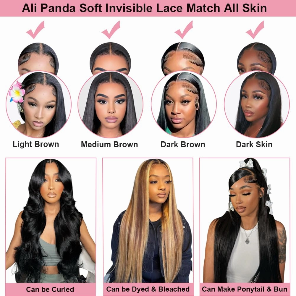ALI PANDA 24 Inch 6X4 235g 250% Density Wear and Go Glueless Wigs Human Hair Pre Plucked Pre Cut HD Lace Closure Glueless Wigs for Black Women Straight Wigs 100% Human Hair Bleached Knots Middle Part