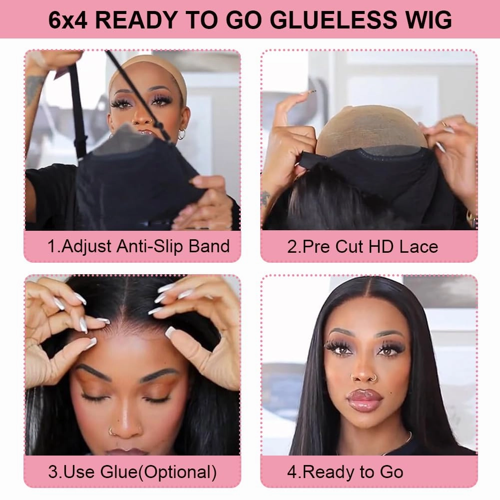 ALI PANDA 24 Inch 6X4 235g 250% Density Wear and Go Glueless Wigs Human Hair Pre Plucked Pre Cut HD Lace Closure Glueless Wigs for Black Women Straight Wigs 100% Human Hair Bleached Knots Middle Part
