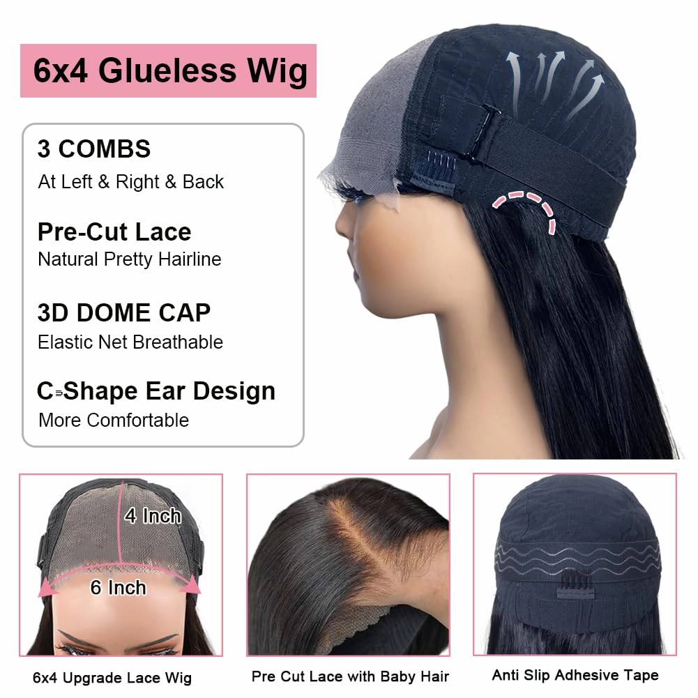 ALI PANDA 24 Inch 6X4 235g 250% Density Wear and Go Glueless Wigs Human Hair Pre Plucked Pre Cut HD Lace Closure Glueless Wigs for Black Women Straight Wigs 100% Human Hair Bleached Knots Middle Part