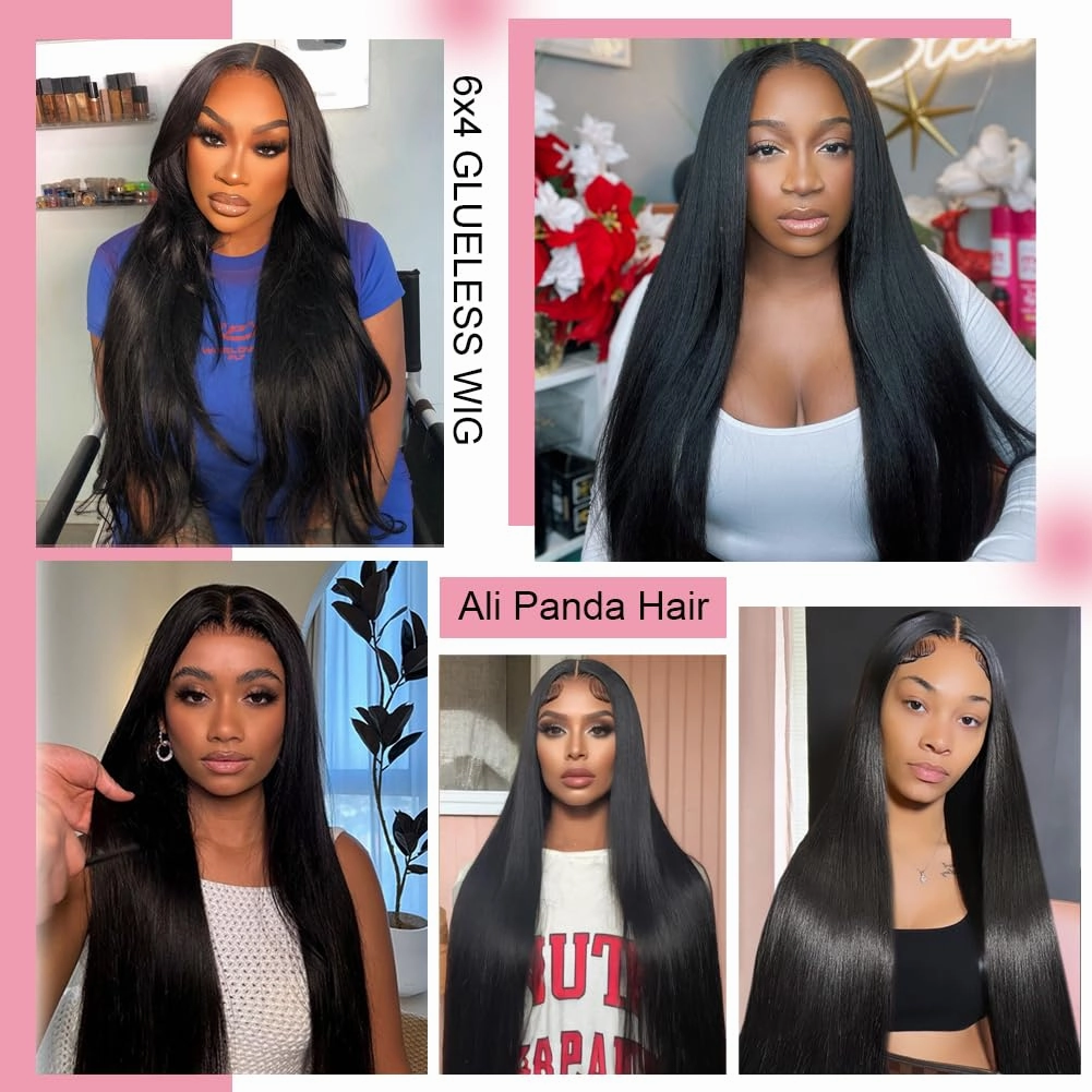 ALI PANDA 24 Inch 6X4 235g 250% Density Wear and Go Glueless Wigs Human Hair Pre Plucked Pre Cut HD Lace Closure Glueless Wigs for Black Women Straight Wigs 100% Human Hair Bleached Knots Middle Part