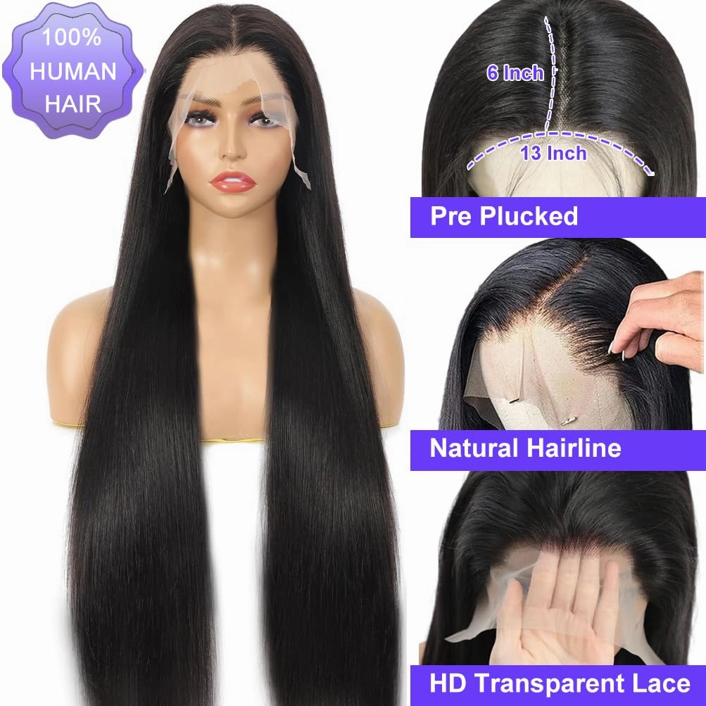 ALI PANDA 250% Density 290g 13x6 Straight HD Lace Front Wigs Human Hair Pre Plucked 100% Human Hair Lace Front Wigs for Black Women Lace Frontal Wigs Human Hair with Baby Hair Free Part 32 Inch