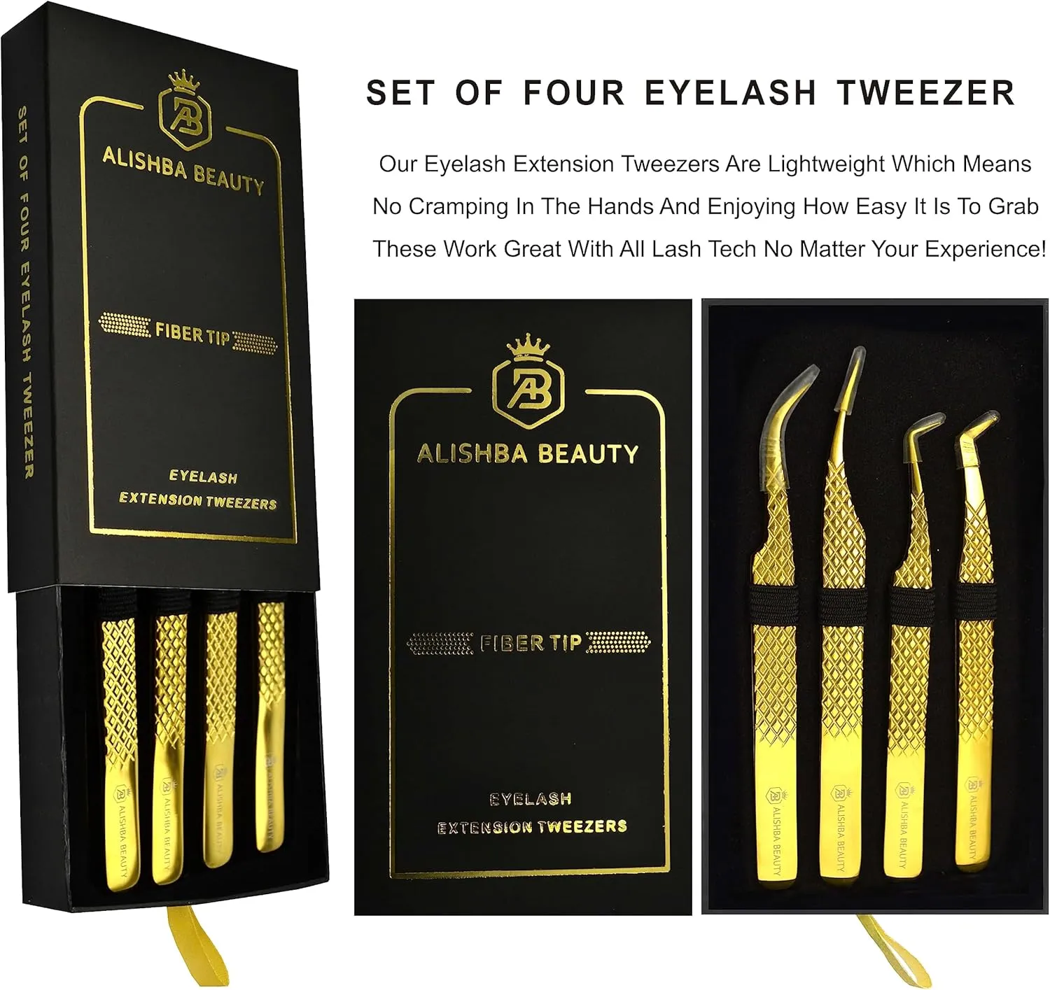 Alishba Beauty Eyelash Extension Tweezers, Precision Fiber Tip Grip Japanese Stainless Steel Profiessional (Set of 4 Eyelash Tweezer) (GOLD)