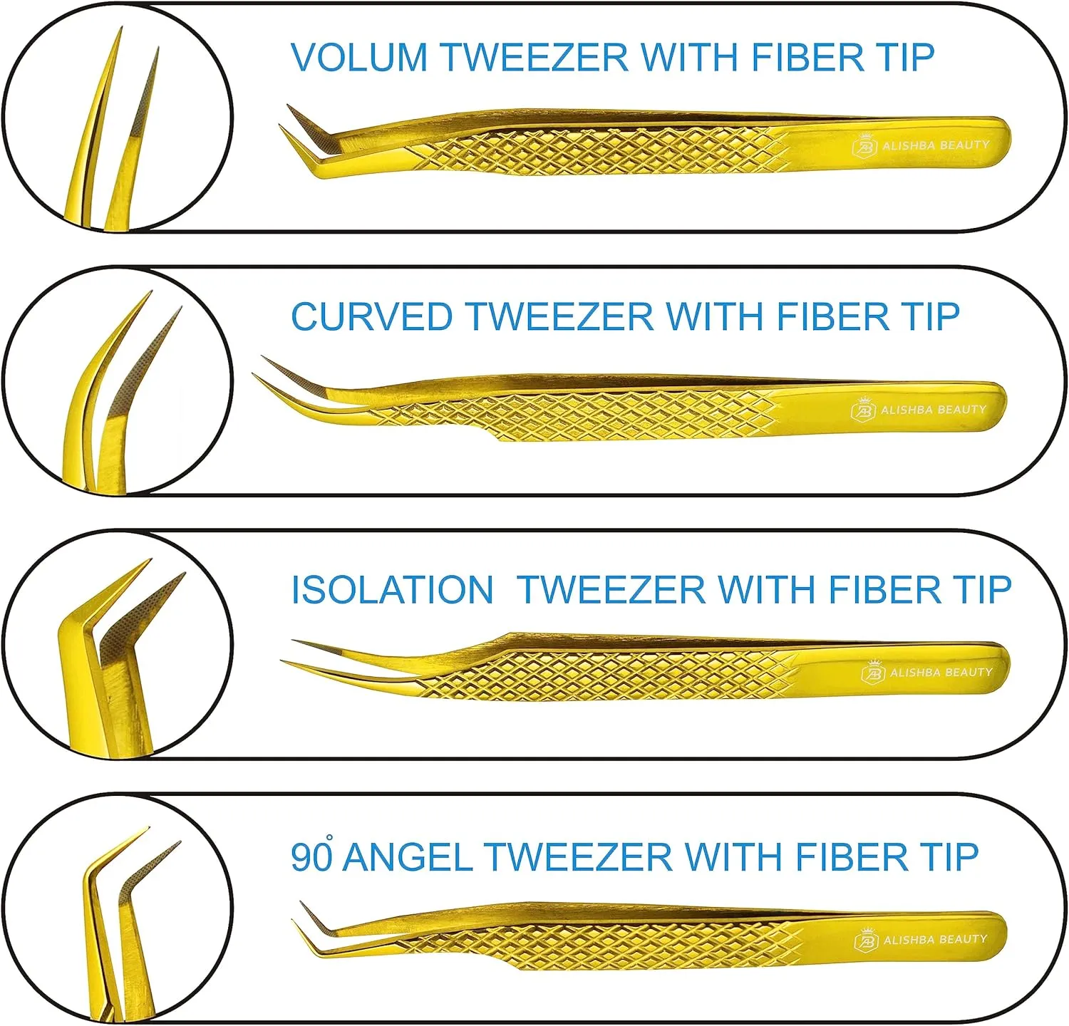 Alishba Beauty Eyelash Extension Tweezers, Precision Fiber Tip Grip Japanese Stainless Steel Profiessional (Set of 4 Eyelash Tweezer) (GOLD)