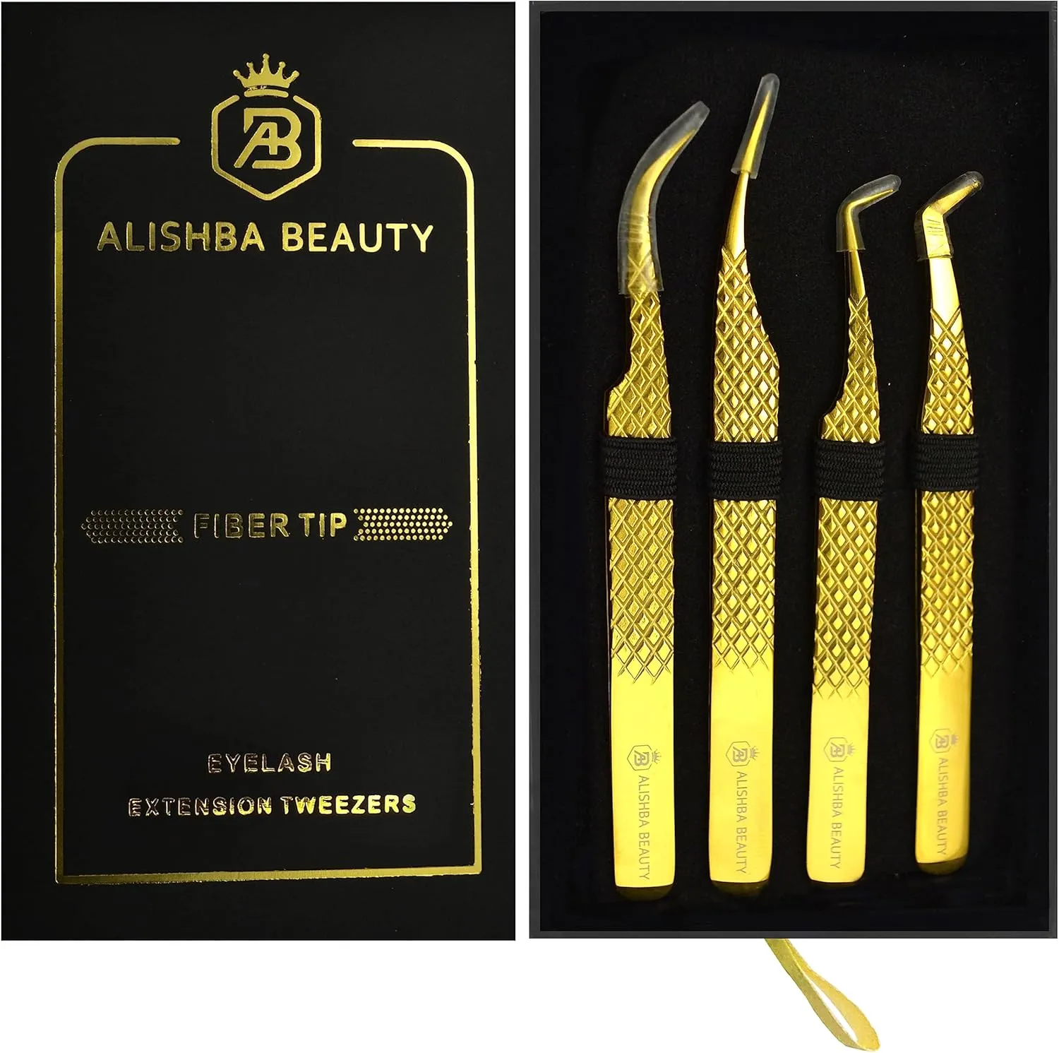 Alishba Beauty Eyelash Extension Tweezers, Precision Fiber Tip Grip Japanese Stainless Steel Profiessional (Set of 4 Eyelash Tweezer) (GOLD)