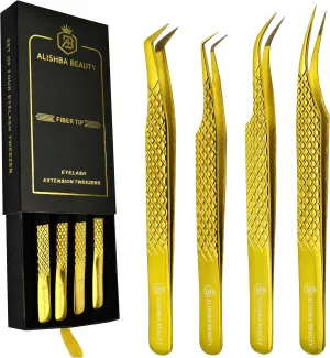 Alishba Beauty Eyelash Extension Tweezers, Precision Fiber Tip Grip Japanese Stainless Steel Profiessional (Set of 4 Eyelash Tweezer) (GOLD)