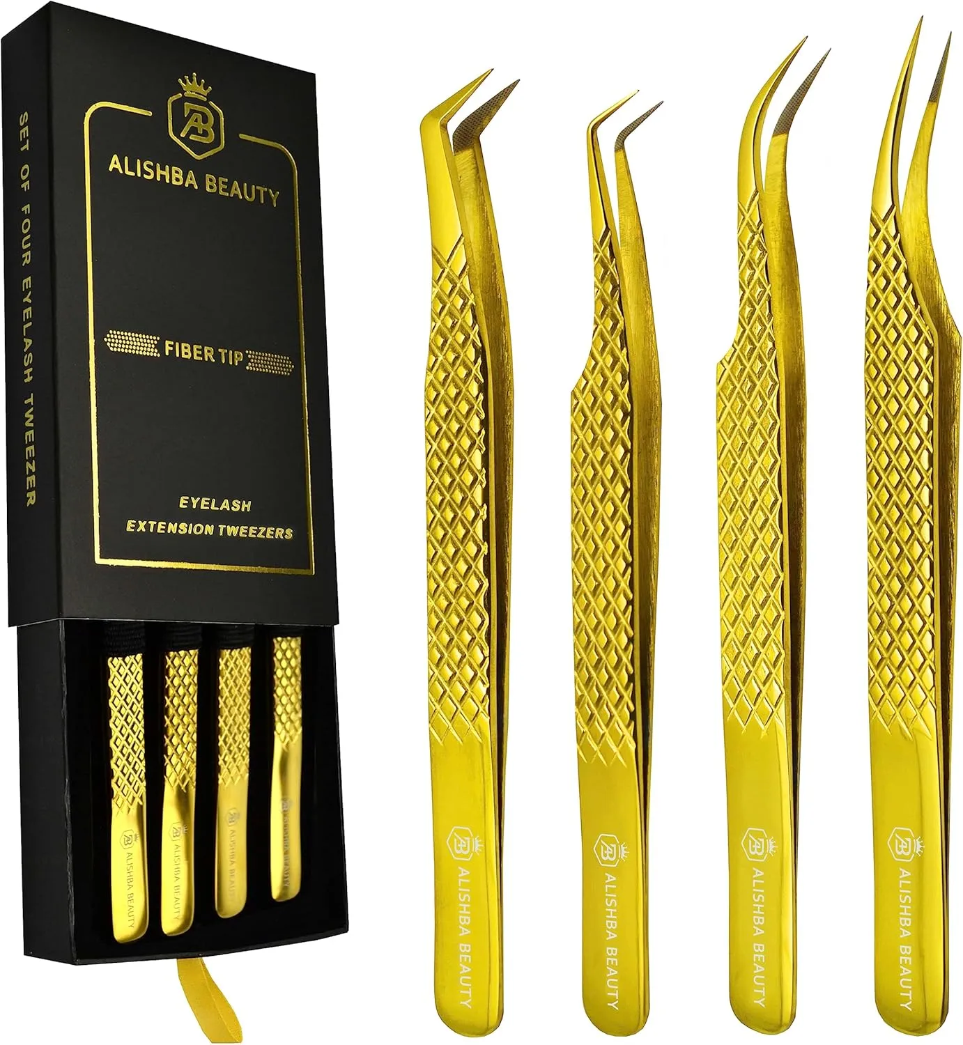 Alishba Beauty Eyelash Extension Tweezers, Precision Fiber Tip Grip Japanese Stainless Steel Profiessional (Set of 4 Eyelash Tweezer) (GOLD)