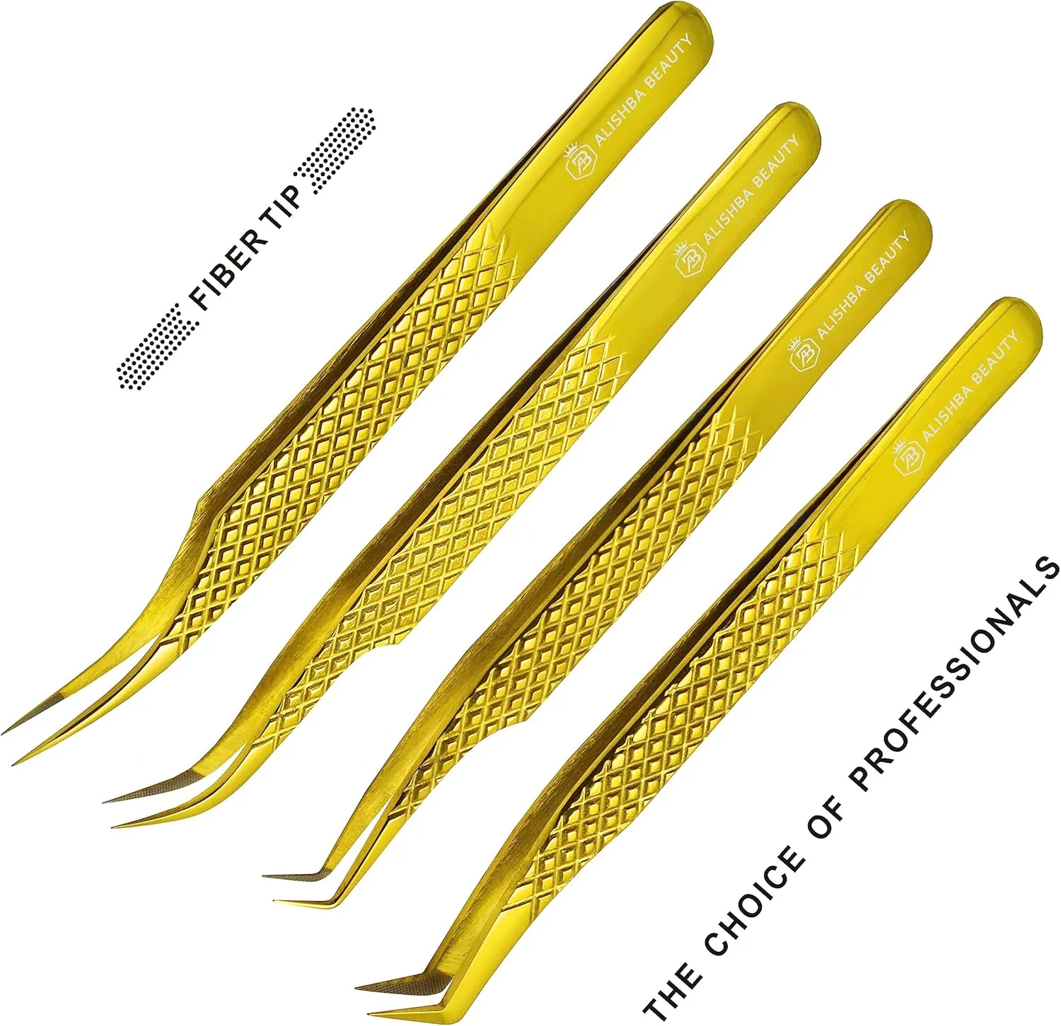 Alishba Beauty Eyelash Extension Tweezers, Precision Fiber Tip Grip Japanese Stainless Steel Profiessional (Set of 4 Eyelash Tweezer) (GOLD)