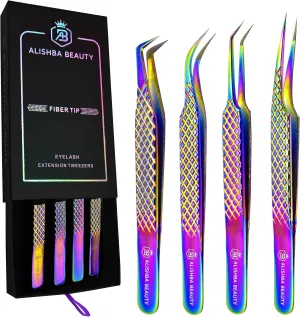 Alishba Beauty Eyelash Extension Tweezers, Precision Fiber Tip Grip Japanese Stainless Steel (Set of 4 Eyelash Tweezer) (RAINBOW)