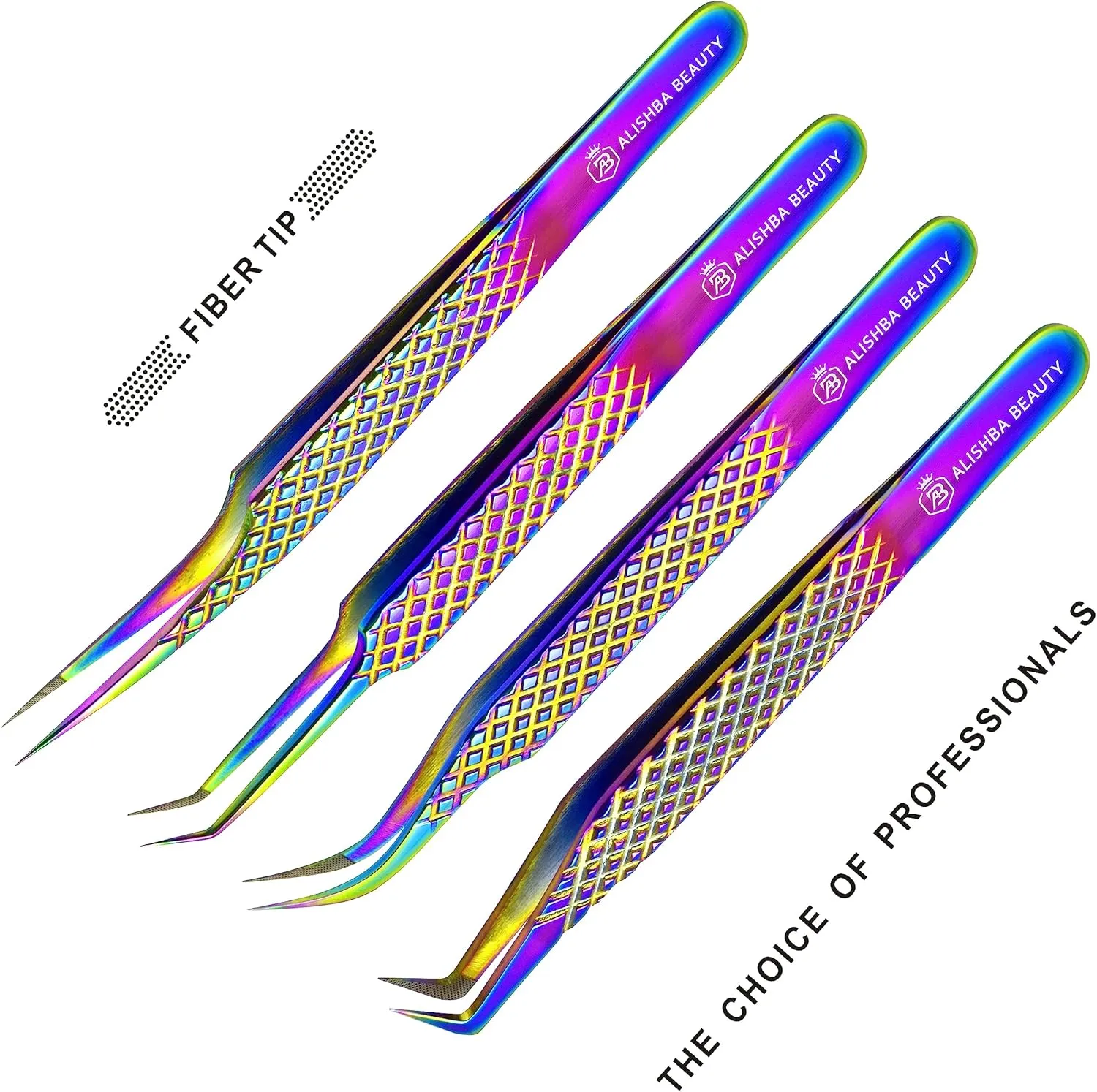 Alishba Beauty Eyelash Extension Tweezers, Precision Fiber Tip Grip Japanese Stainless Steel (Set of 4 Eyelash Tweezer) (RAINBOW)
