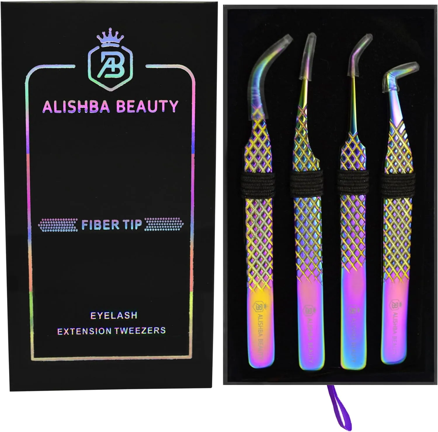 Alishba Beauty Eyelash Extension Tweezers, Precision Fiber Tip Grip Japanese Stainless Steel (Set of 4 Eyelash Tweezer) (RAINBOW)