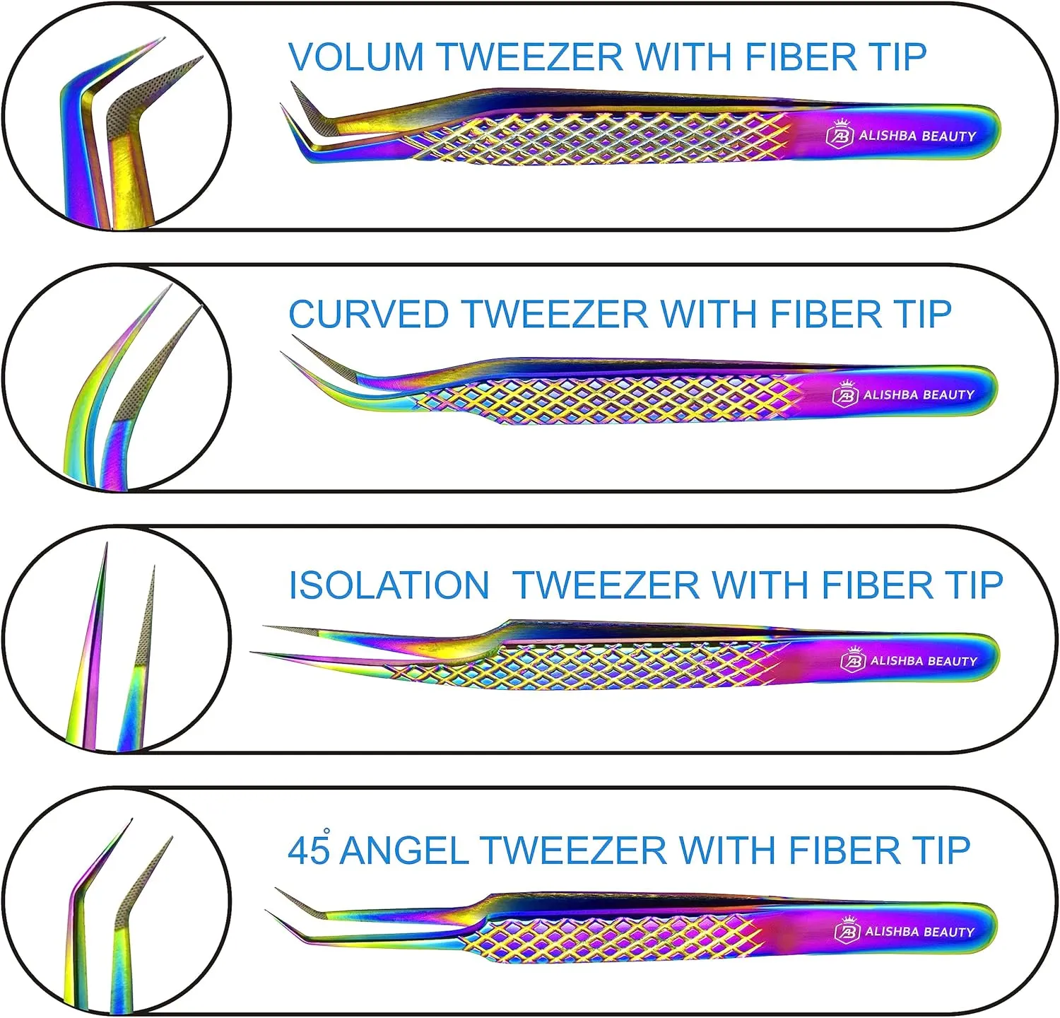 Alishba Beauty Eyelash Extension Tweezers, Precision Fiber Tip Grip Japanese Stainless Steel (Set of 4 Eyelash Tweezer) (RAINBOW)