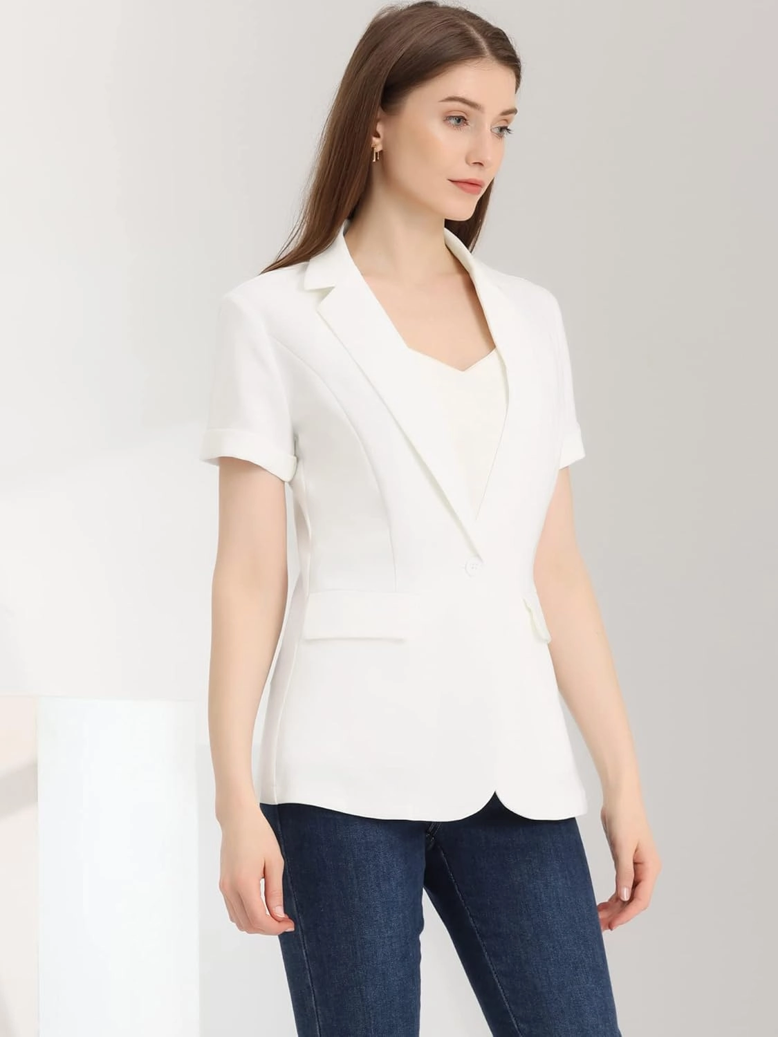 Allegra K Women's 1 Button Blazer Jacket Office Business Short Sleeve Blazer