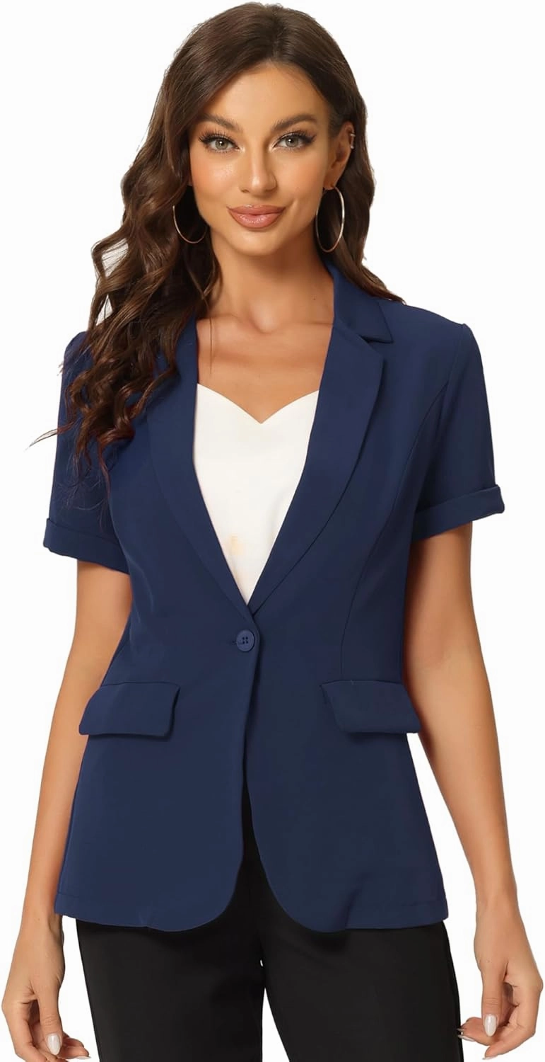Allegra K Women's 1 Button Blazer Jacket Office Business Short Sleeve Blazer