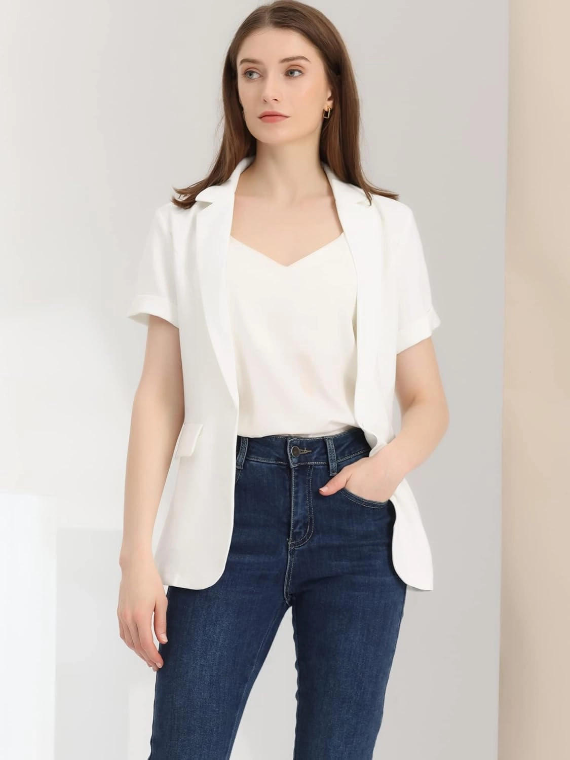 Allegra K Women's 1 Button Blazer Jacket Office Business Short Sleeve Blazer